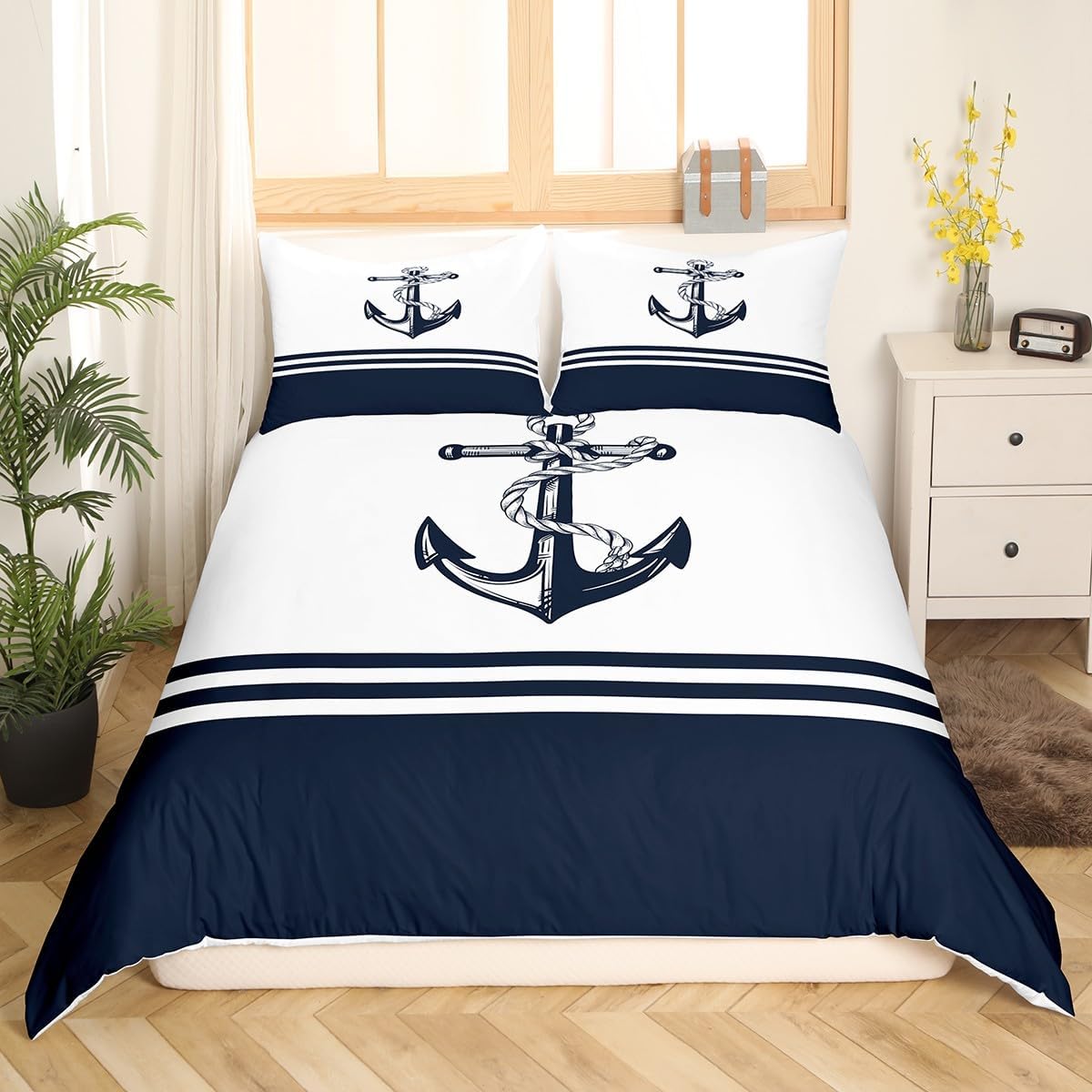 Anchor Decor Bedding Set King Size Kids Nautical Themed Comforter Cover Set for Boys Teens Ocean Coastal Duvet Cover Breathable Sea Adventure Navy Blue White Bedspread Cover Room Decor Quilt Cover