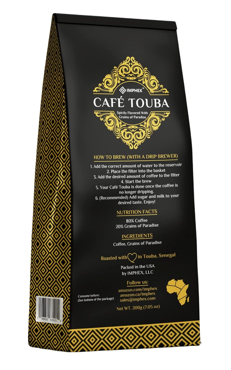 Imphex Cafe Touba | Premium Senegalese Coffee | Spicily Flavored With Grains of Paradise | 200g (7.05 oz) | Ground | Medium Roast (Pack of 2)
