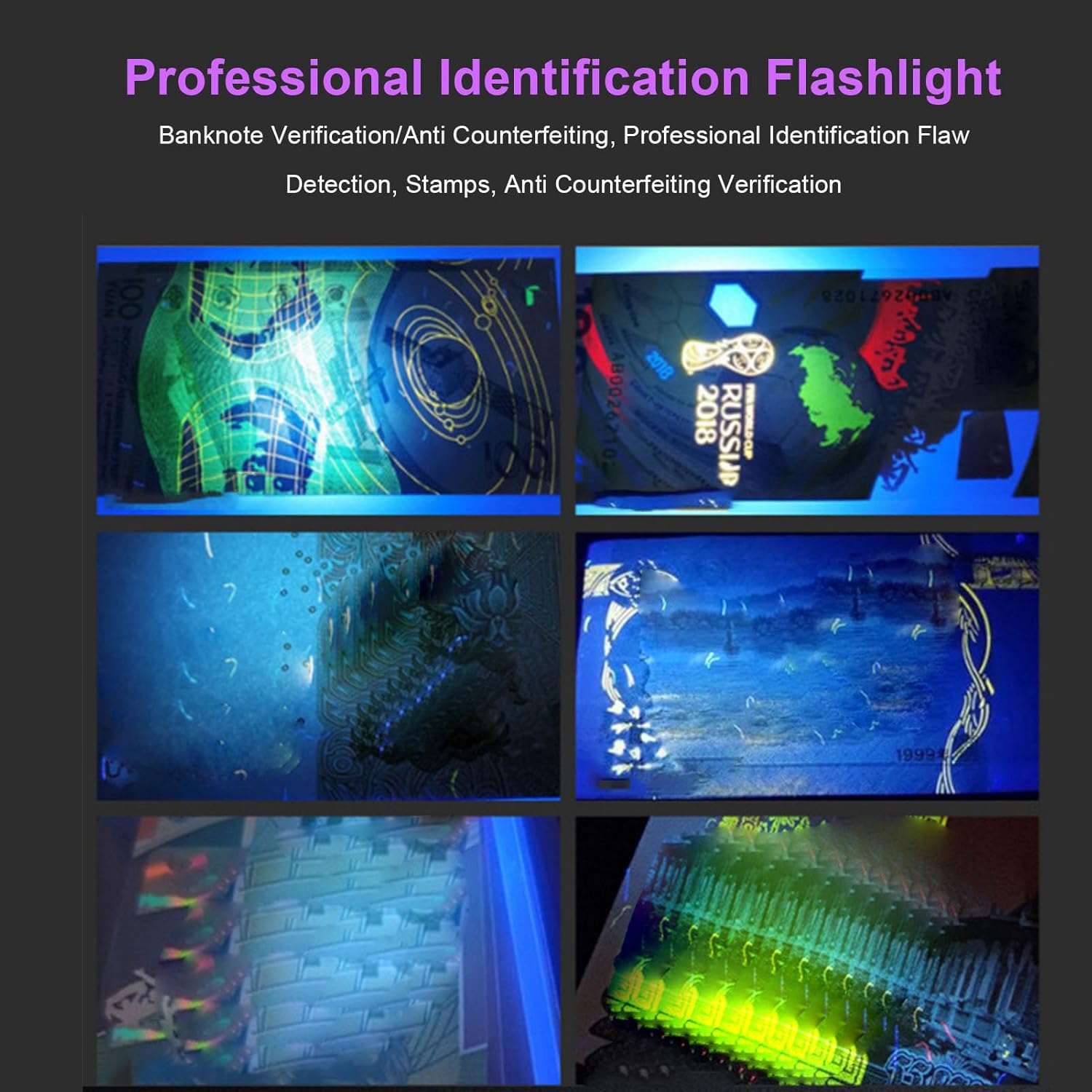 Black Light Flashlight Detector, Multi Functional for Jade Ceramics Artwork Ink Inspection, 254nm/365nm/395nm Wavelengths, Built in Battery