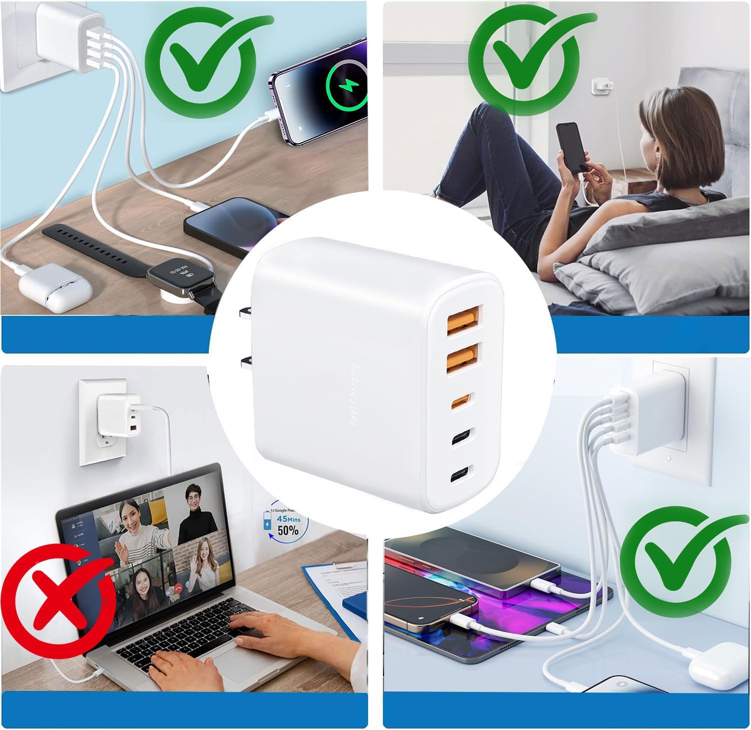 USB C Wall Charger，Multi-Port (3C+2A) Fast Charging Wall Plug with 4FT& 6FT USB-C Cable Compatible with i Phone 17/16/15/ S ansung S25/S24/S23 and More