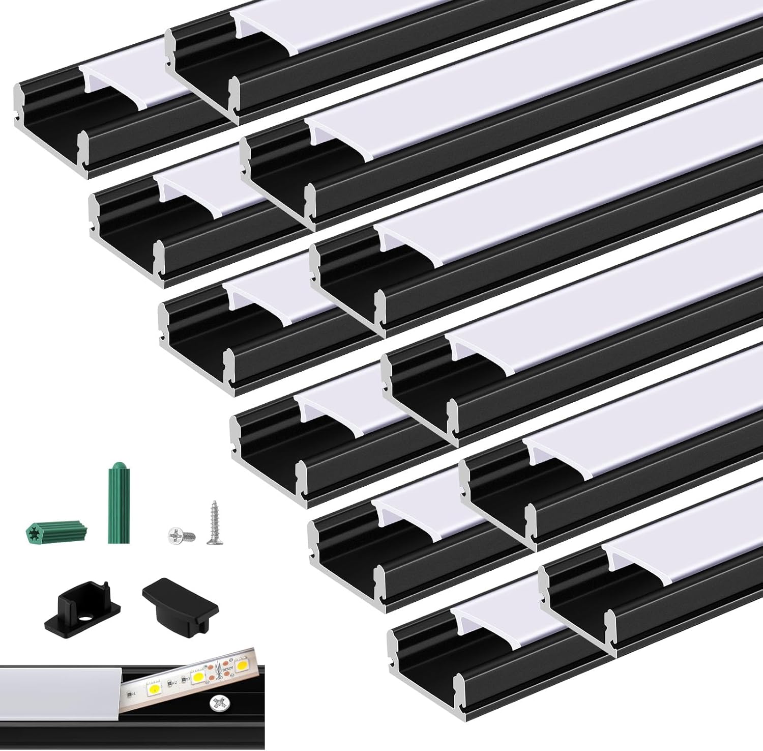 12 Pack 3.3ft Pre-drilled Countersunk Hole LED Channel Diffuser U Light Strip Aluminum Track with Cover Screw End Cap Easy Cut Tight Flush Mounted Cabinet Tape Light Strip(Black)