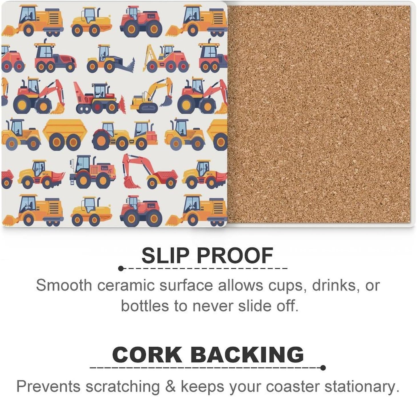 Construction Vehicles Pattern Coaster for Drinks Square Ceramic Table Coasters Stone Mat Crafts 6PCS Home Kitchen Decor