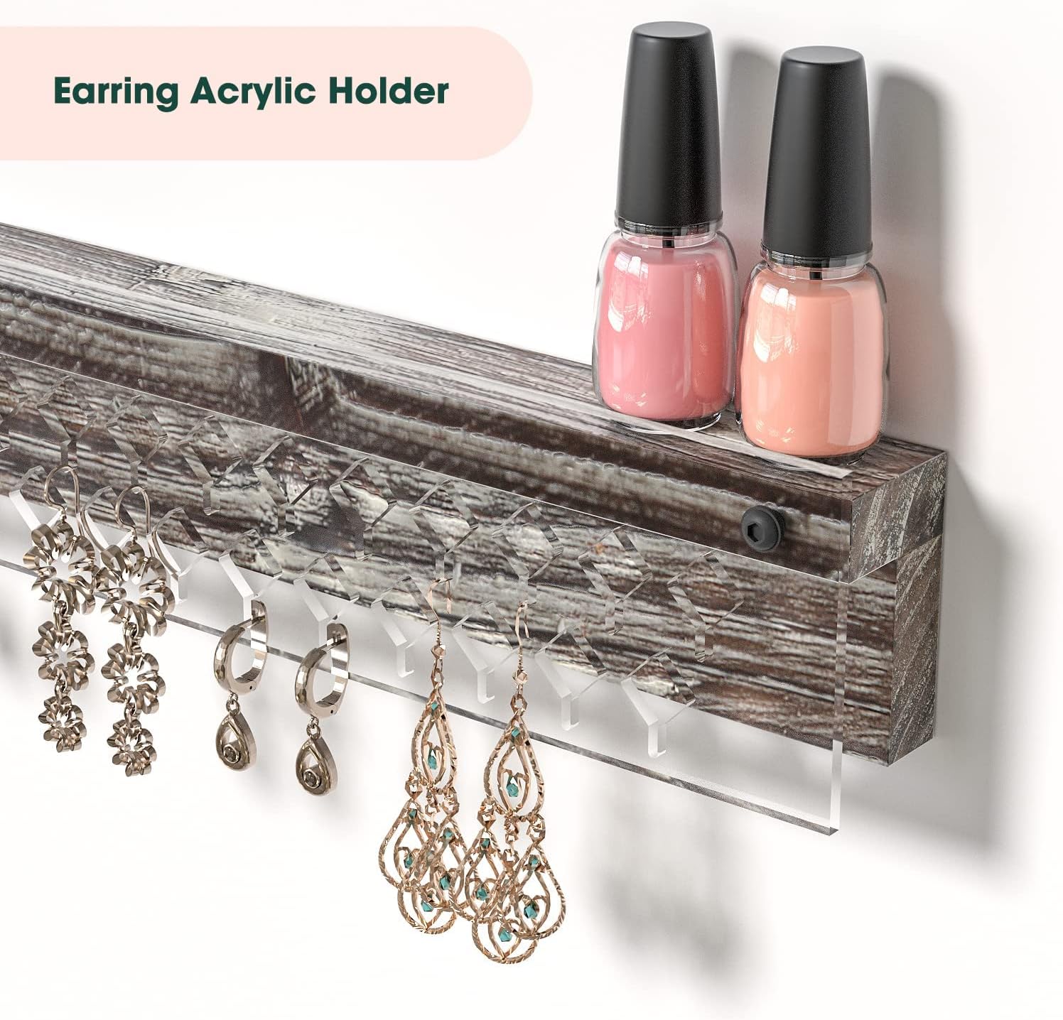 J JACKCUBE DESIGN Wall Mount Necklace Holder Jewelry Hanger with 23 Hook Necklace & Bracelet Racks, Rustic Farmhouse Wood Earring Display with Clear Acrylic - MK585A