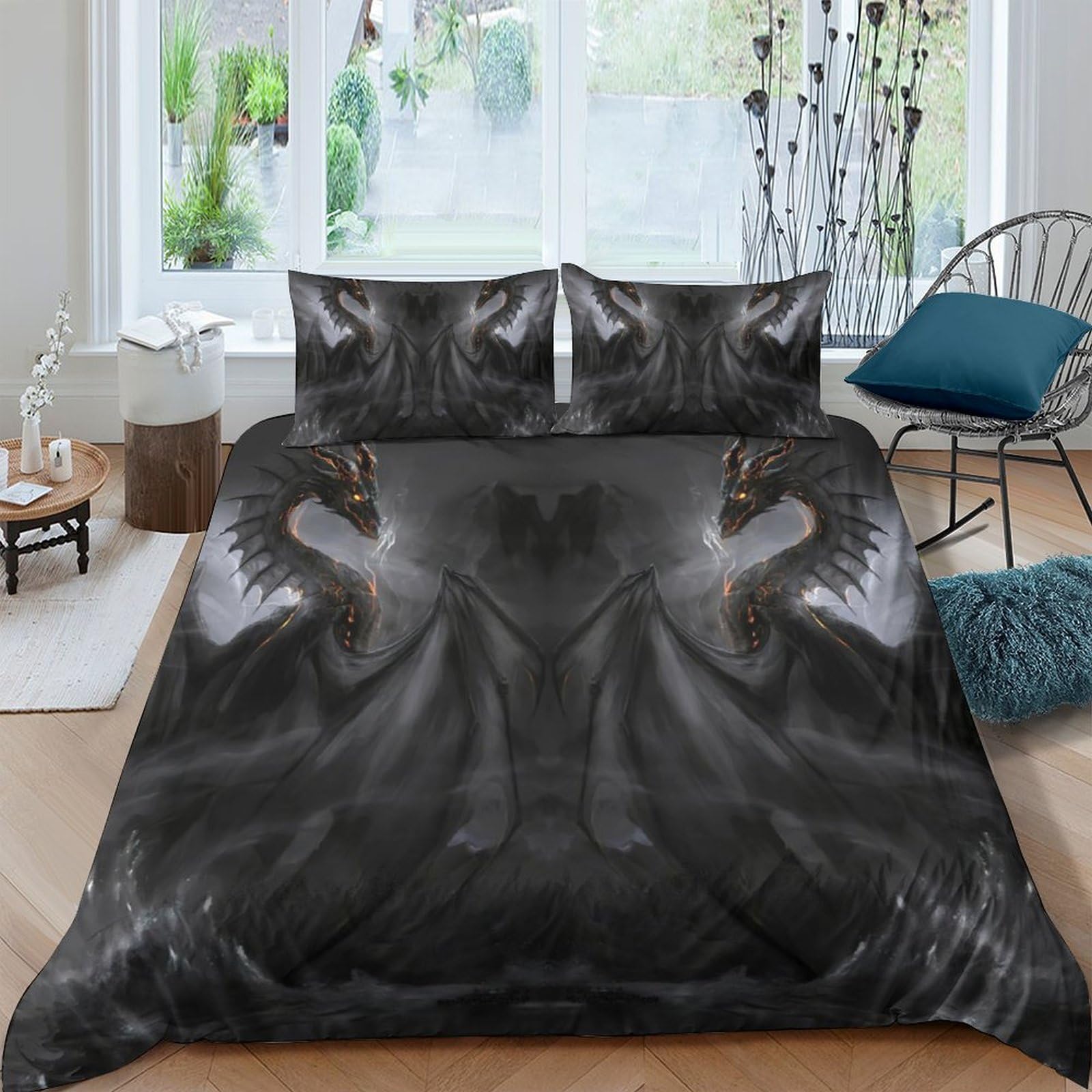 GPLZQXKJNH 3D Printed Black Dragon Duvet Cover Microfiber Soft Breathable Gothic Fantasy Bedding Set with 2 Pillowcases for Bedroom Decor Single（135x200cm）