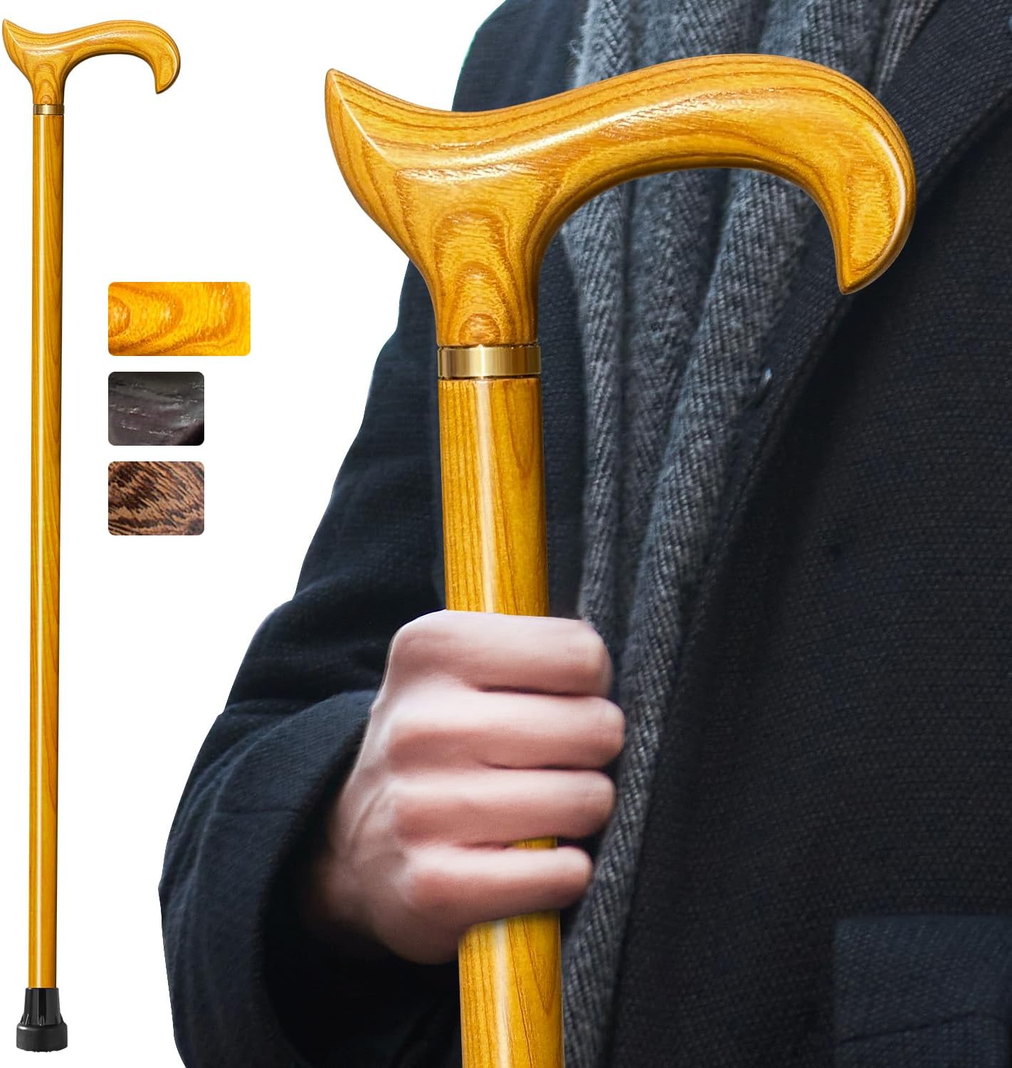 Wooden Walking Cane for Men and Women, Handmade, Support up to 500 lbs Canes for Seniors,Ergonomic, Natural Solid Wood High-end Derby Cane Suitable for Gift Giving