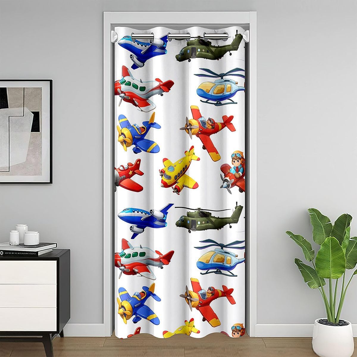 Aircraft Door Curtain, 3D Print Various Airplane Blackout Curtain For Kids Teen Boys, Fighter Flight Helicopter Doorway Curtains, Cartoon Aviation Privacy Door Drape, 1 Panel, 52"W X 80"L