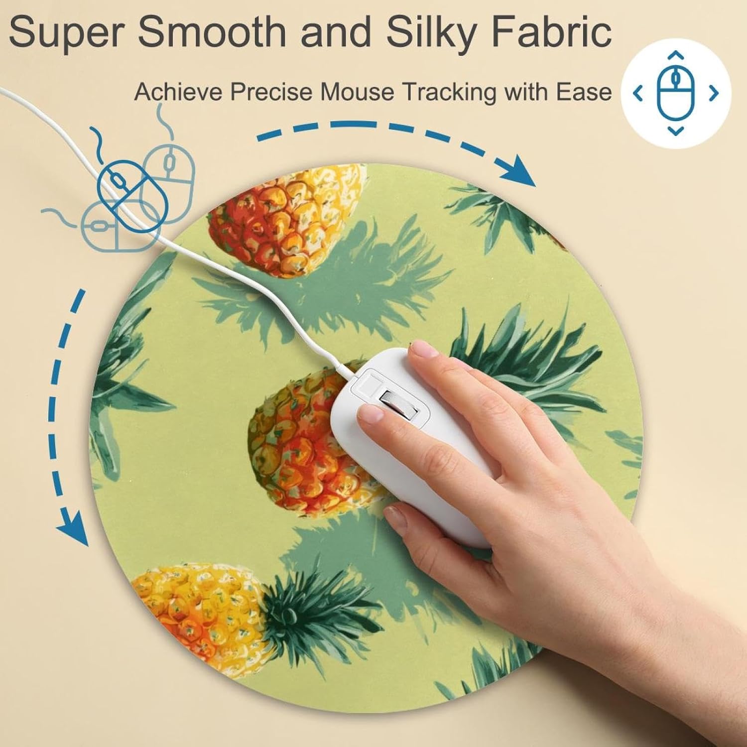Round Mouse Pad for Women Men, 10’’ Round Desk Pad Mousepad Non-Slip Rubber Base, Office Home Laptop Accessories, Summer Pineapple Seamless Pattern image 4