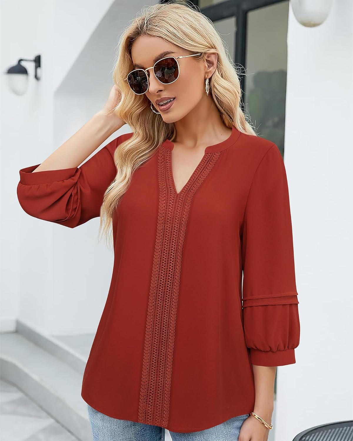 Unixseque Womens Casual Blouses 3/4 Sleeve V Neck Business Tops Ladies Trendy Office Work Shirts - Image 3