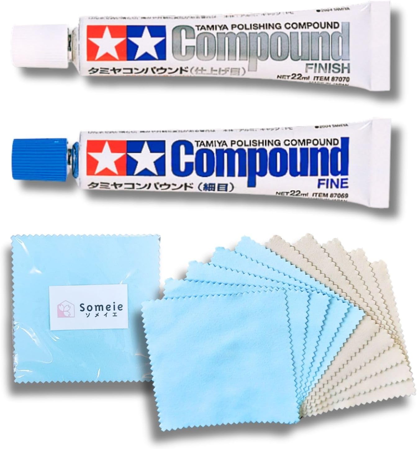 Tamiya Polishing Paste Fine Compound 87069＆Finishing Compound 87070＆Compound Applicator Cloths in Two Colors, 5 Sheets Each, Total 10 Sheets Set