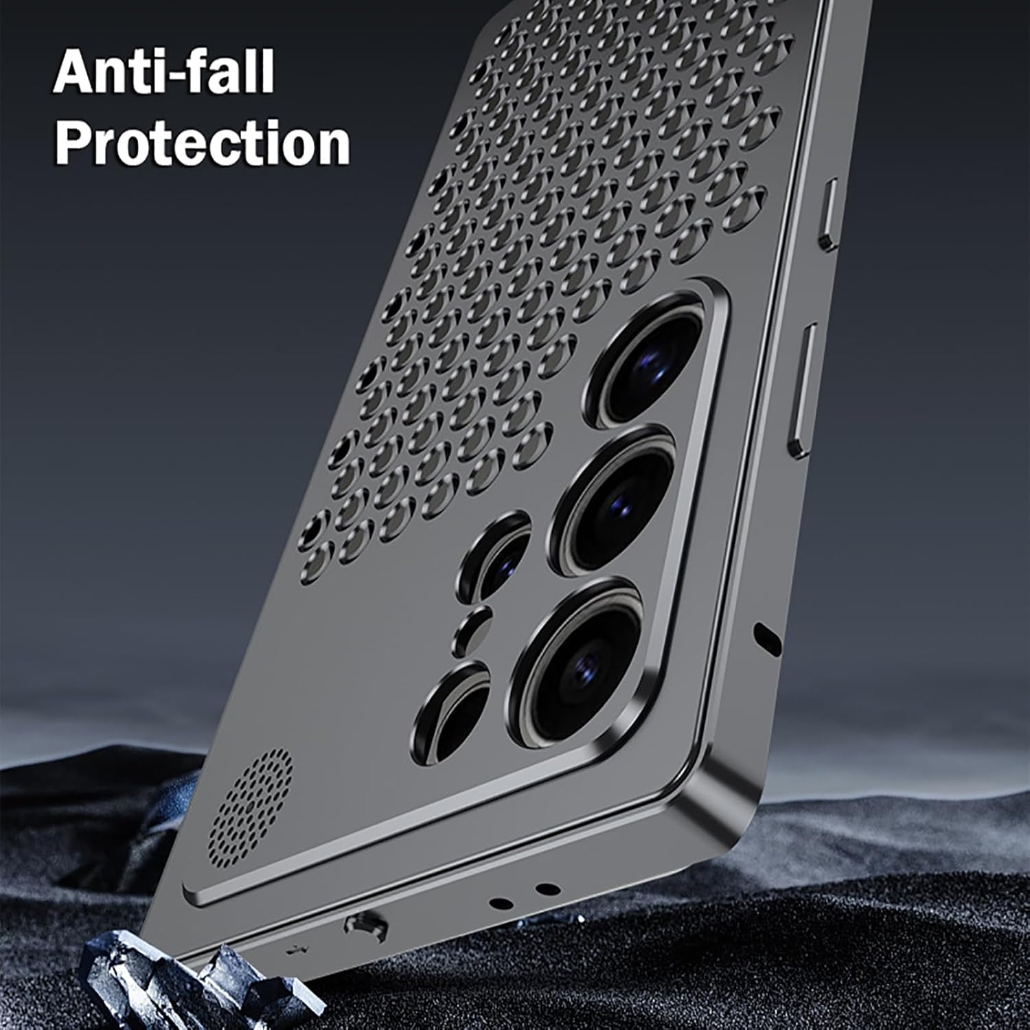 Metal Case for Samsung Galaxy S25 Ultra/S25 Plus/S25, Fine Lens Hole Protective Aluminum Alloy Cover Cooling Hollow Aromatherapy Shell,Black,S25 Ultra