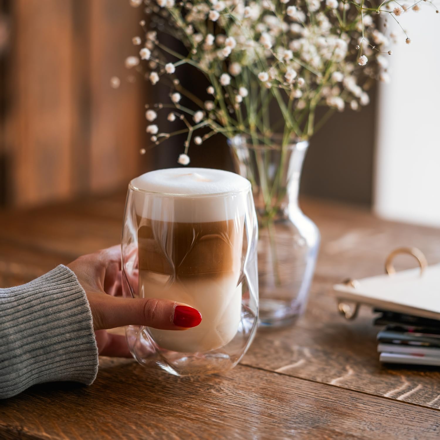 Vialli Design Set 2 x Thermogläser Doppelwandig 350 ml, Gläser für Latte Macchiato, Cappuccino, Geo Kollektion, Latte Tassen, Kaffeetassen, Kaffeegläser, Hitzebeständiges Glas, Transparente