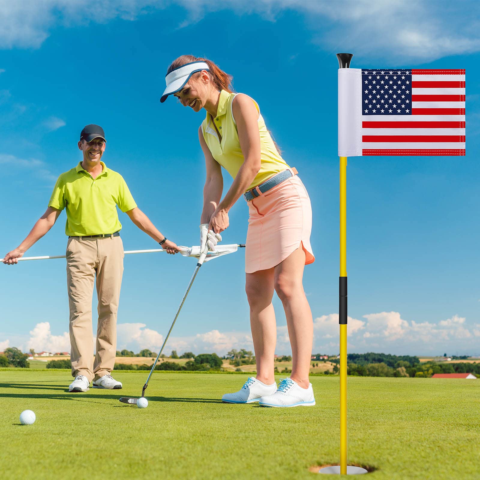 Meooeck Golfflaggenstab, 91 cm, grüne Putting-Flagge und Lochbecher-Set für Hof, tragbar, 2 Abschnitte, Fiberglas, Mini-Golf-Set für Driving Range Hinterhof, doppelseitige amerikanische Flagge, 3