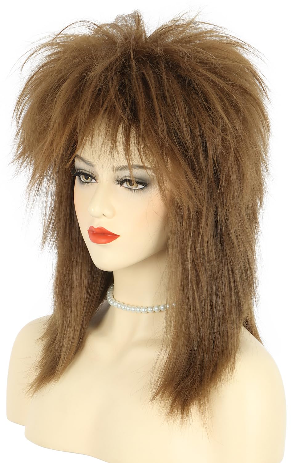 karlery Women Men Long Curly Brown Wig with Necklace 70s 80s Rocker Mullet Costume Halloween Cosplay Party Wig - Image 2