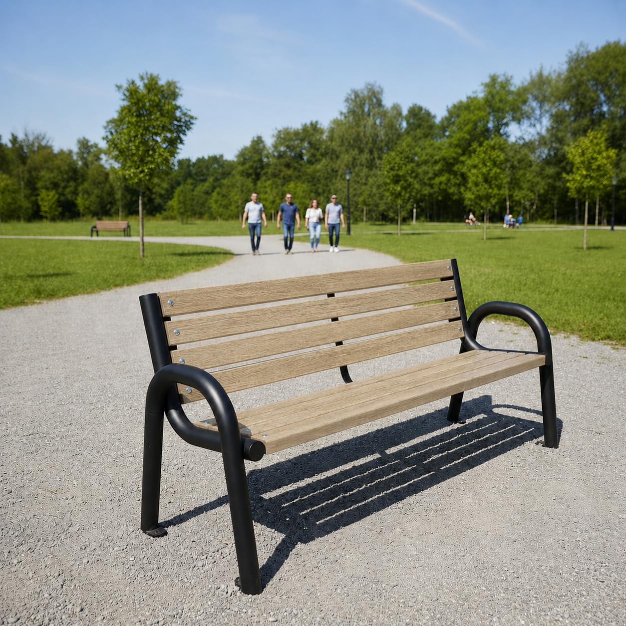 Gartenbank Holz mit Rückenlehne, 200 cm, bis 500 kg - Massives Fichtenholz & pulverbeschichteter Stahl, wetterfest, Sitzbank für Garten, Terrasse & Park, Helle Eiche - Primario