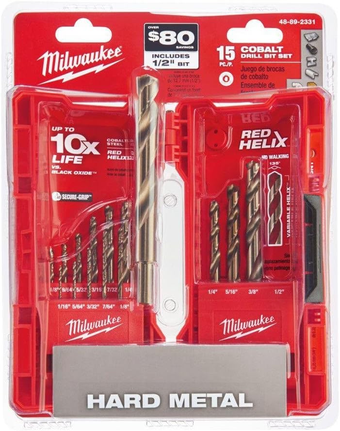 Milwaukee 48-89-2331 3/8-inch 15-Piece Cobalt Red Helix Secure Grip Drill Bit Set w/ Hard Plastic Foldout Storage Case