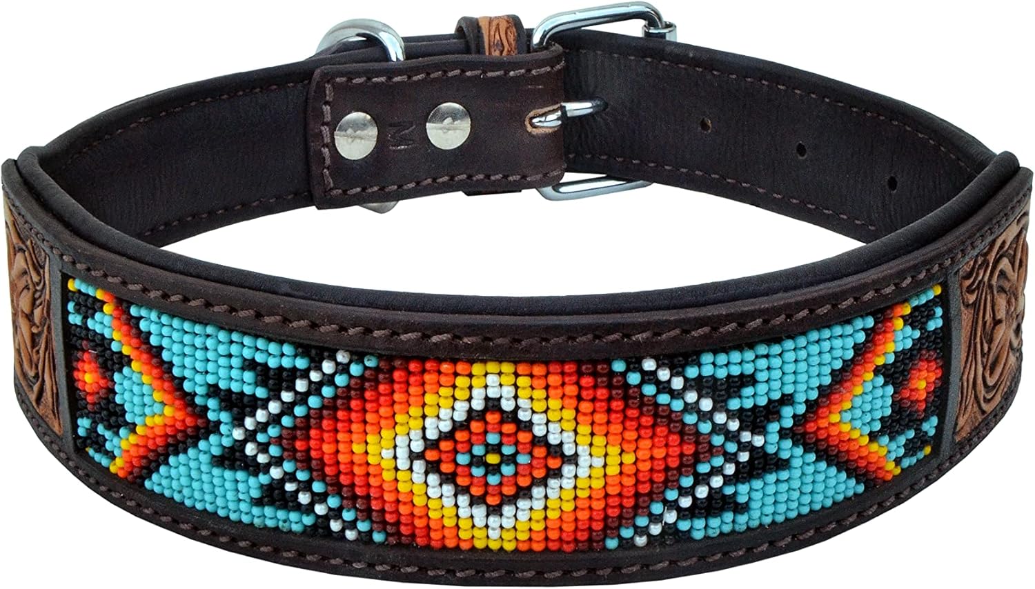 Affilare Beaded Leather Dog Collar – Western Style, Heavy-Duty, Adjustable, and Padded for All Ages – Premium Tooled Leather SKU 10AB004-XS