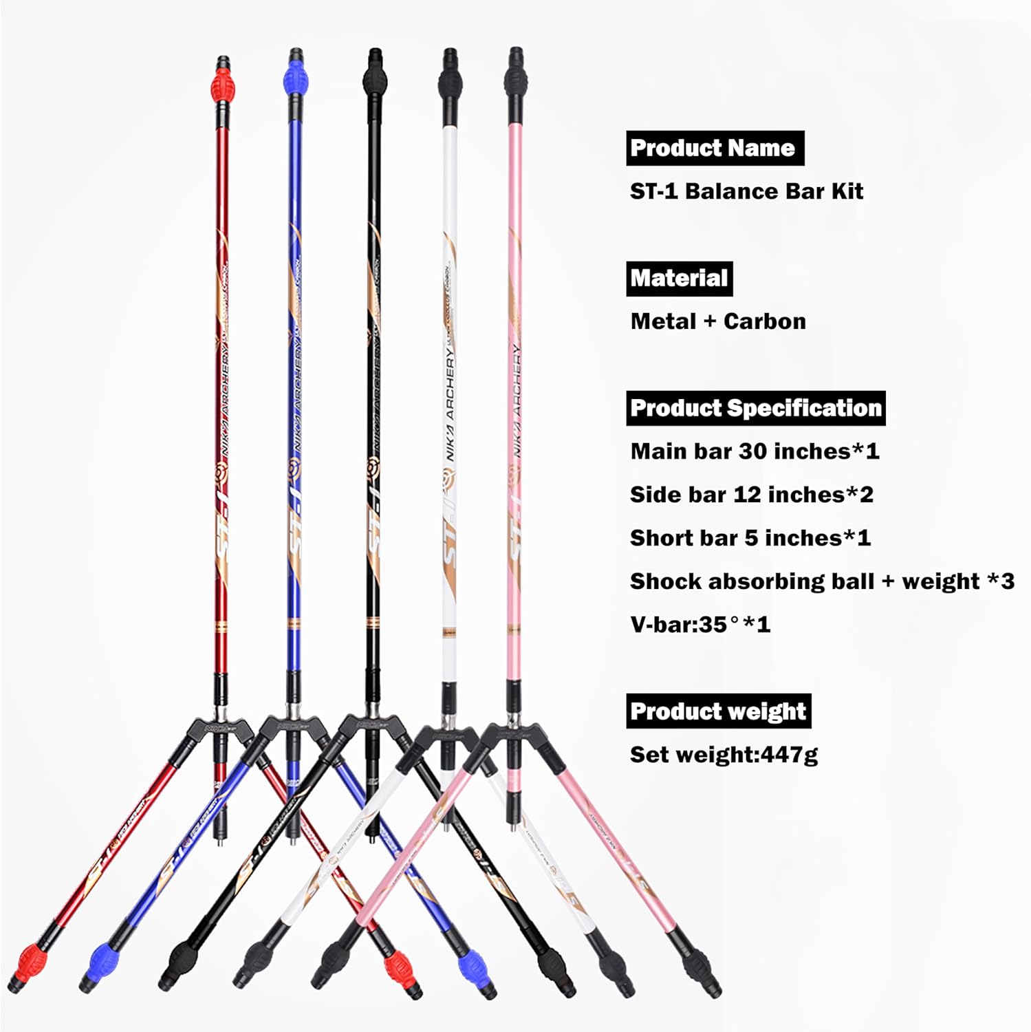 Archery Balance Bar Set Carbon Fibre Bow Stabilizer Kit 5/12/30 inch Rods with Rubber Ball and Counter Weights Suitable for Competition Training of Recurve and Compound Bow
