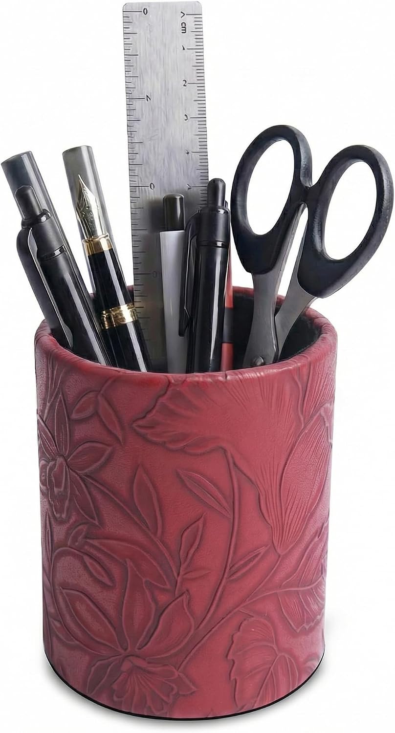 PU Leather Pen Holder Round Flash Makeup Brush Holder Desktop Pencil Storage Holder Gift for Desk Office Classroom Home(1-Carved Red)