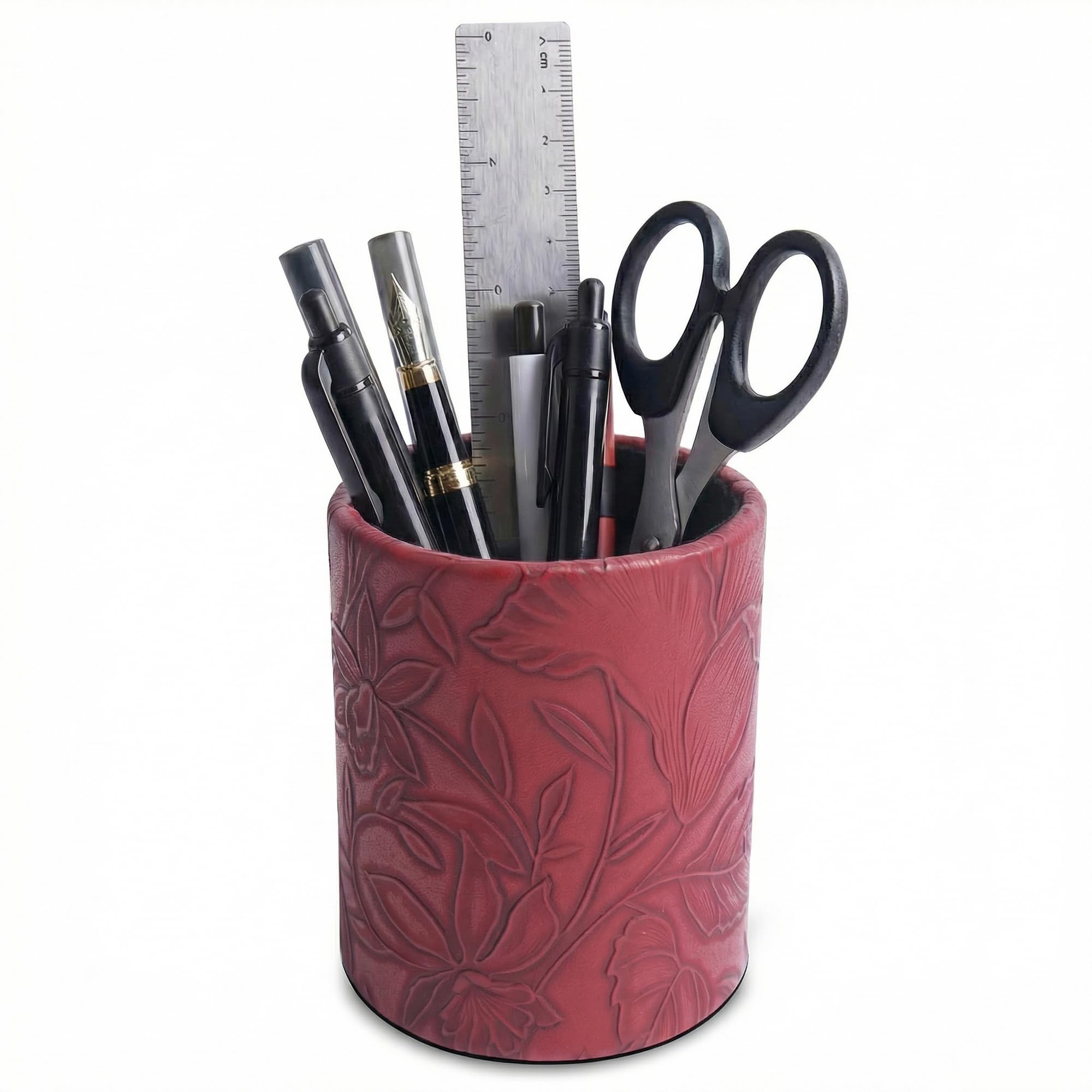 Czzmy PU Leather Pen Holder Round Flash Makeup Brush Holder Desktop Pencil Storage Holder Gift for Desk Office Classroom Home(1-Carved Red)