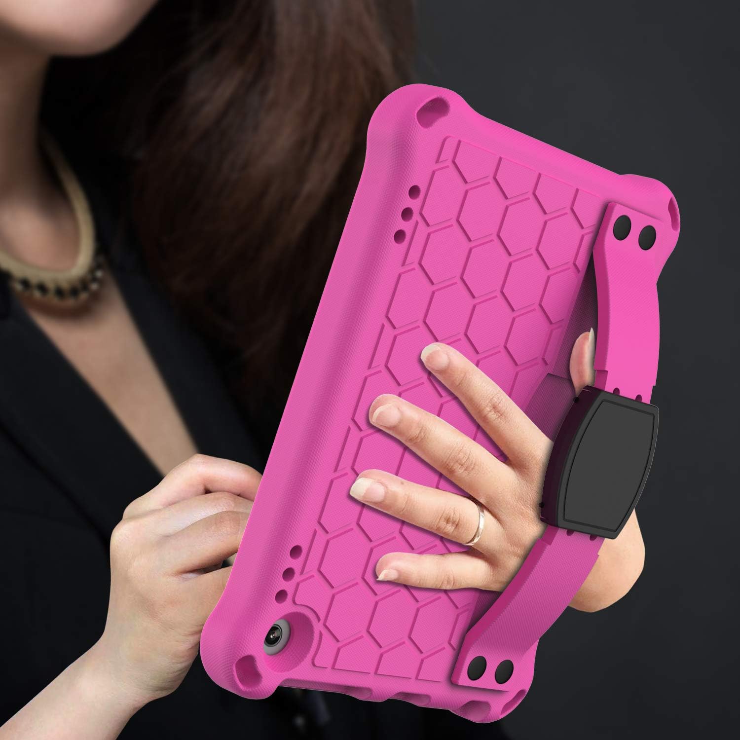 Bumper Case for Fire HD 8"/Plus 10th Gen (2020 Only), Techcircle Shockproof Hand Belt Stand Cover Kids EVA Foam Honeycomb Protective Case with Shoulder Strap Handle Light Cover, Rose