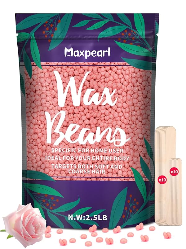 Maxpearl Cera Depilatória em Grânulos com Fórmula Natural de Rosa, 1,13 kg e 20 Palitos, Rosa