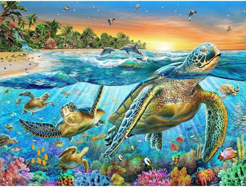 Diamond Painting Kits for Adults, 5D DIY Round Diamond Number Kits with Full Drill Crystal Rhinestone Diamond Embroidery Paintings for Home, Office, Wall Decor (Colorful Tortoise Sea 15.7x19.6 inch)
