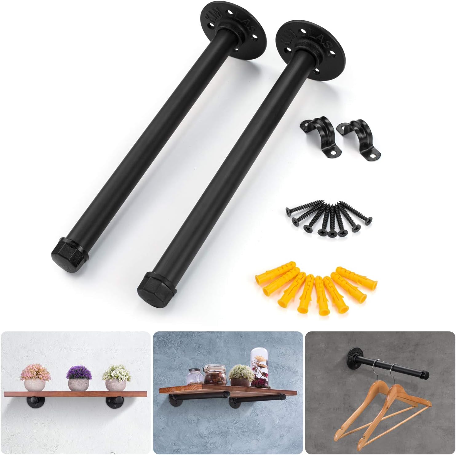 Industrial Black Iron Pipe Shelf Brackets 6 Pack, Elibbren 13.7 Inch Vintage Wall Mount DIY Shelving Brackets, Rustic Home Pipe Decor