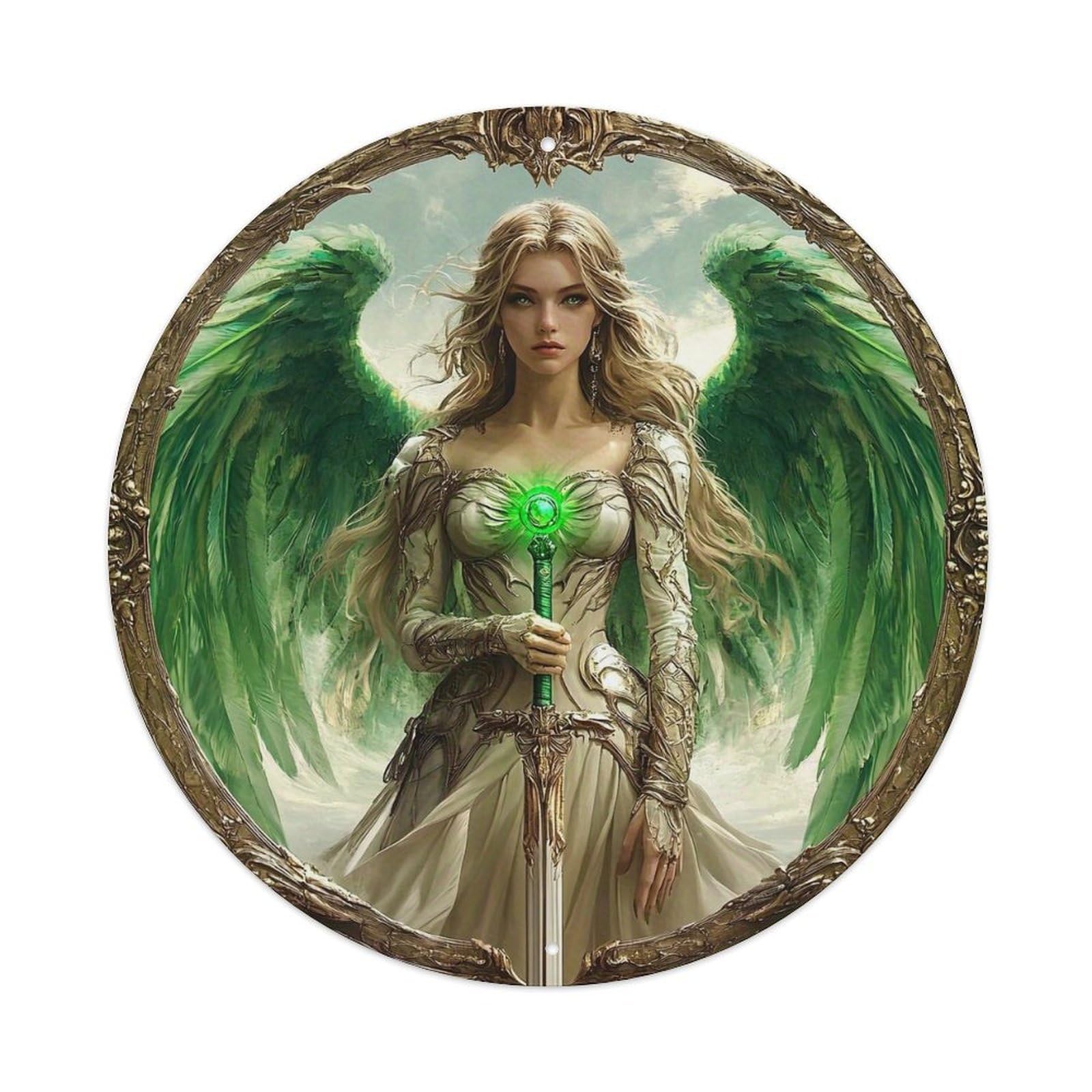 Angel With Green Wings And Sword Metal Tin Sign Plaque