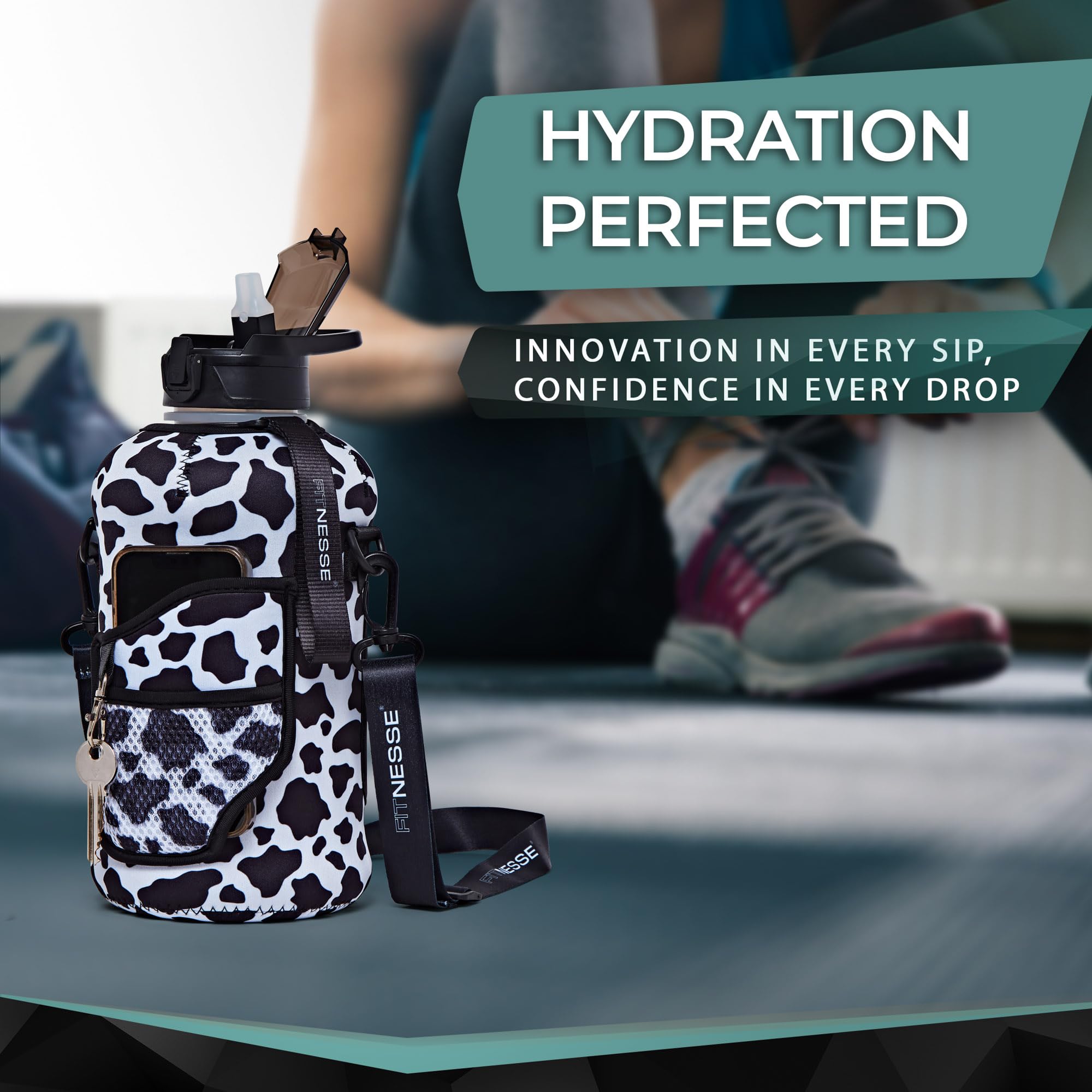 Fitnesse 2.2L Water Bottle with Straw and Covered Lid, Phone & Key Storage, Drop proof, Leak Proof, Shoulder Strap and Handle - Image 3
