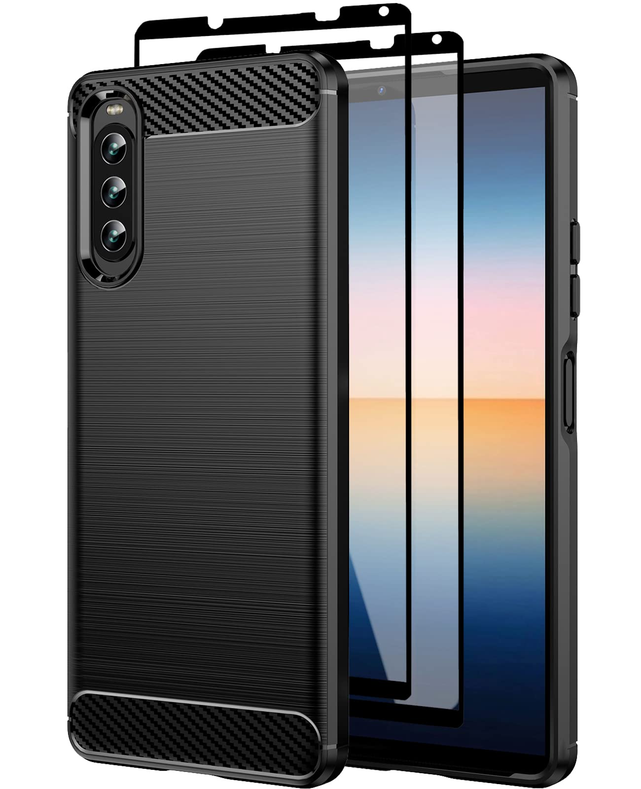 Teayoha Case for Sony Xperia 10 IV,with Tempered Glass Screen Protector [2 Pack], Carbon Fiber Scratch Resistant, Shock Absorption Soft TPU Drawing Protective Cases Phone Cover - Black