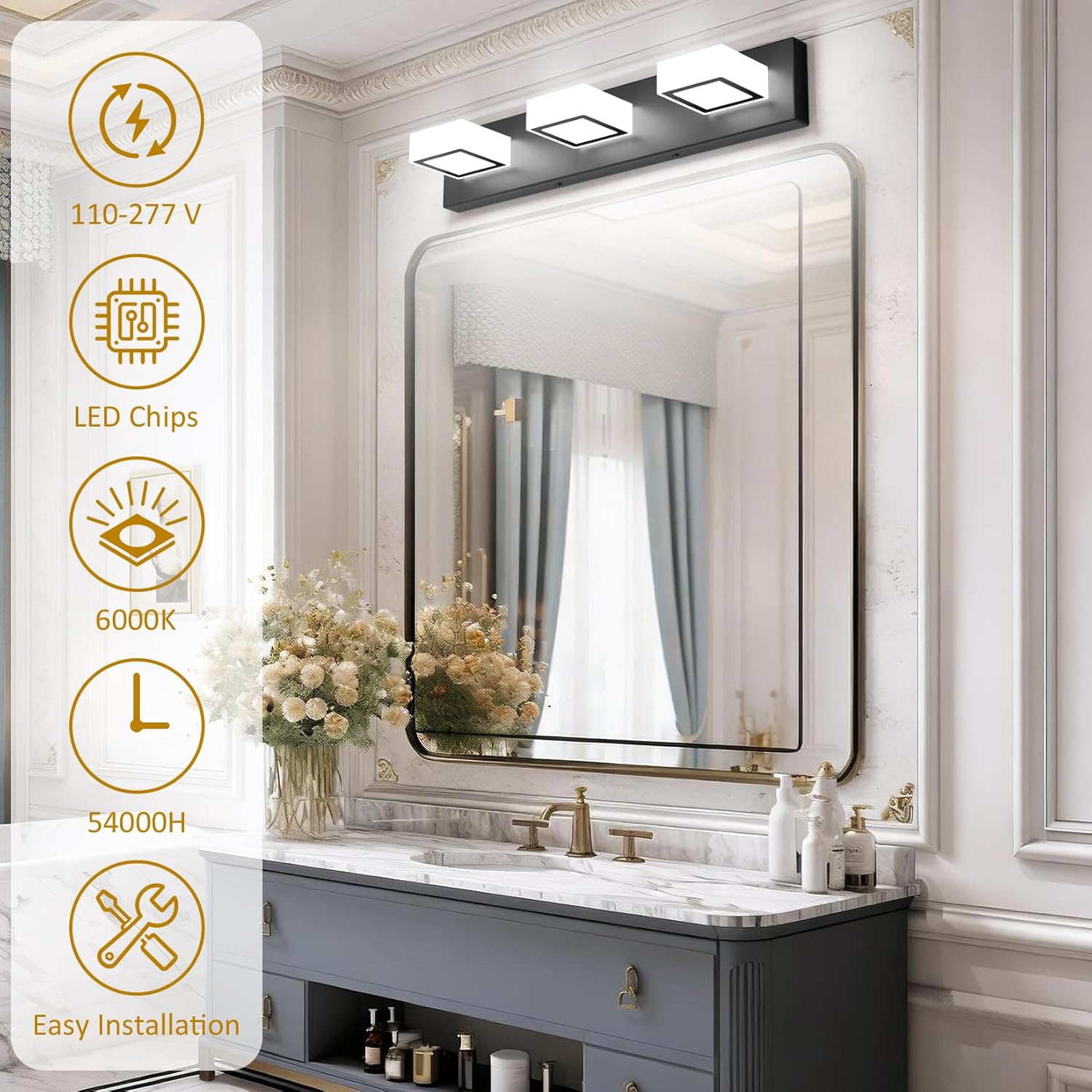 Ralbay Black Bathroom Vanity Lights 24inch Metal Acrylic LED Modern Bathroom Wall Lighting Fixtures Over Mirror Matte Black (White Light 6000K, Non-dimmable)