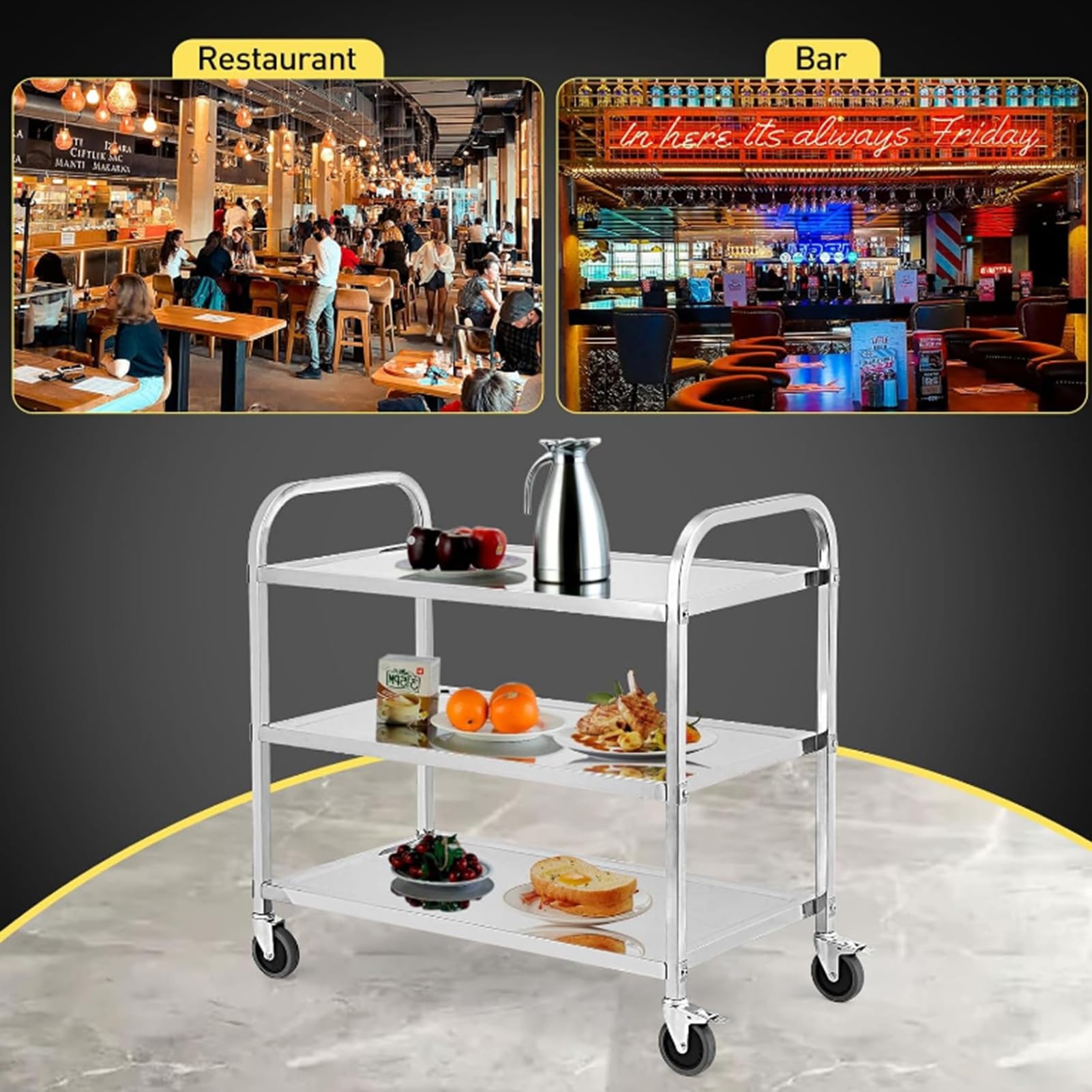 Carrello Portavivande Carrello di Servizio Carrello Cucina RCSW-3R (Acciaio Inox, 3 Ripiani, 150 Kg Portata Massima, 4 Ruote, Spessore Vassoio 3 Cm)(95x50x95cm)