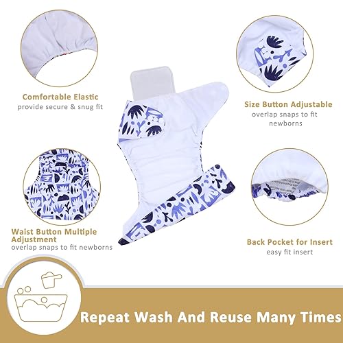 Miniatura 2 de Pañales de tela lavables reutilizables talla única ajustable para bebé, paquete de 6 con 10 inserciones, 1 bolsa húmeda