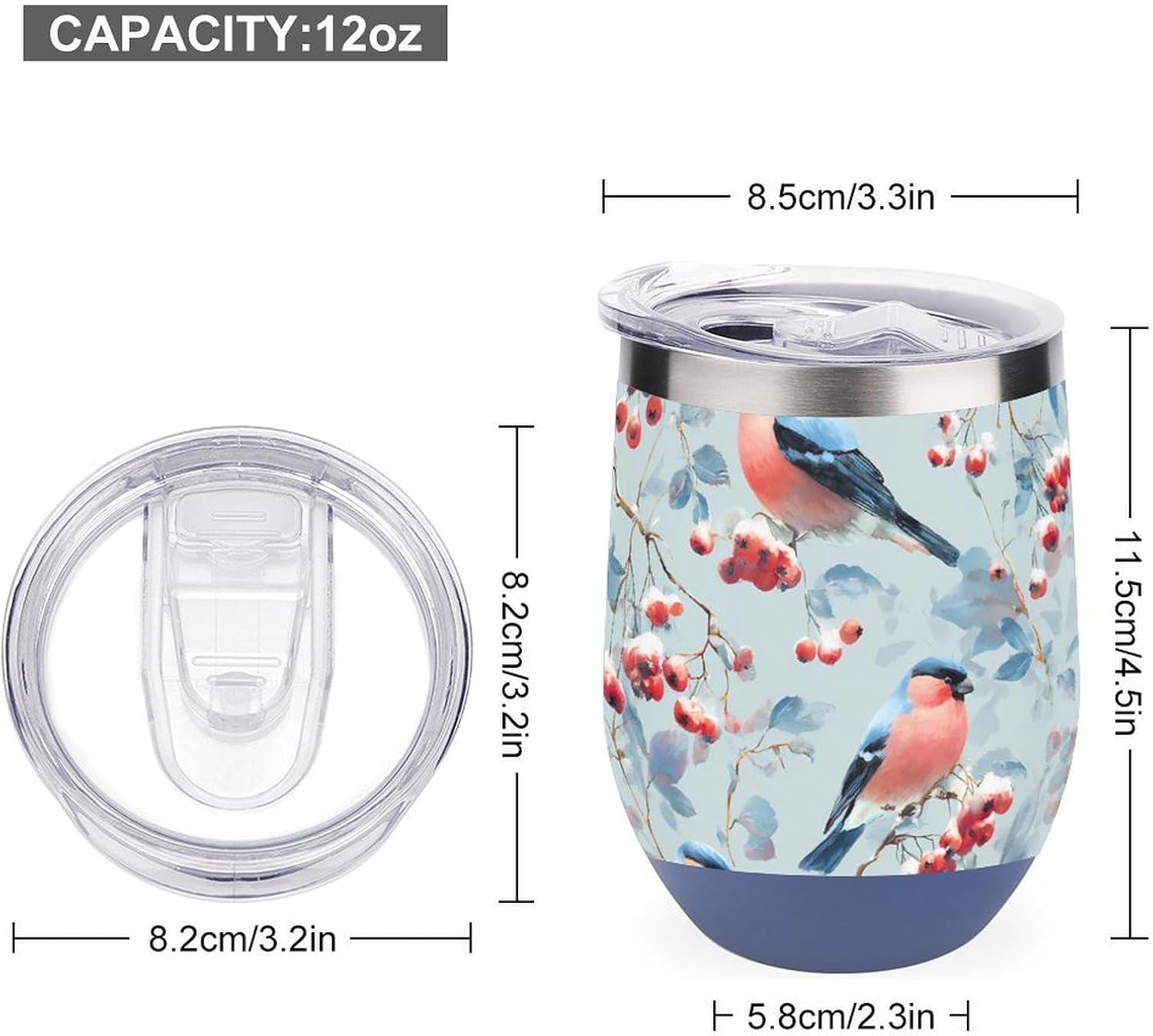 Bird Bullfinches On Rowan Snowy Insulated Drinking Cup Stainless Steel Coffee Mug Wine Tumbler with Lid 12OZ