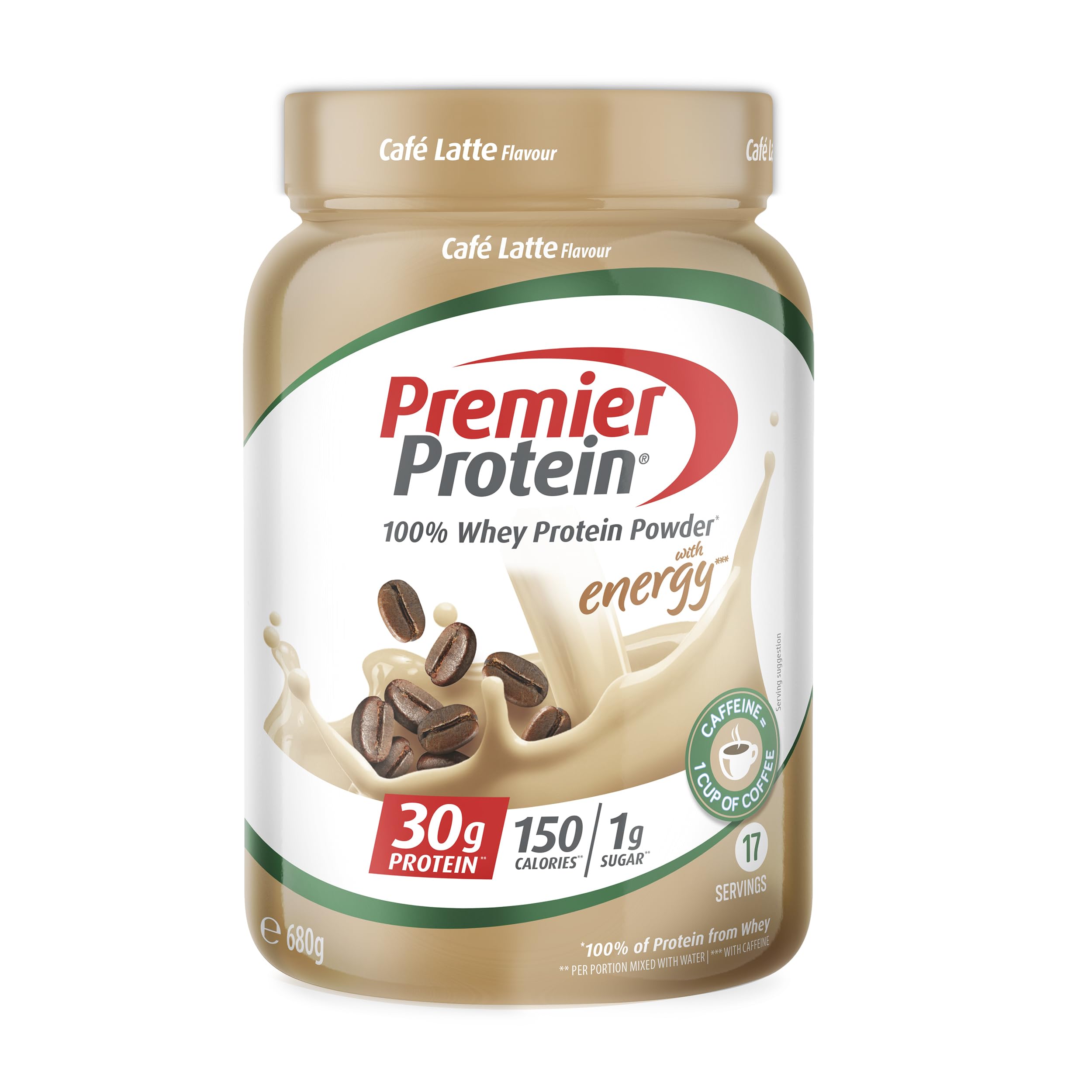 Premier Protein - Whey 100% Protein Powder - Café Latte - 680g - 95 mg Caffeine
