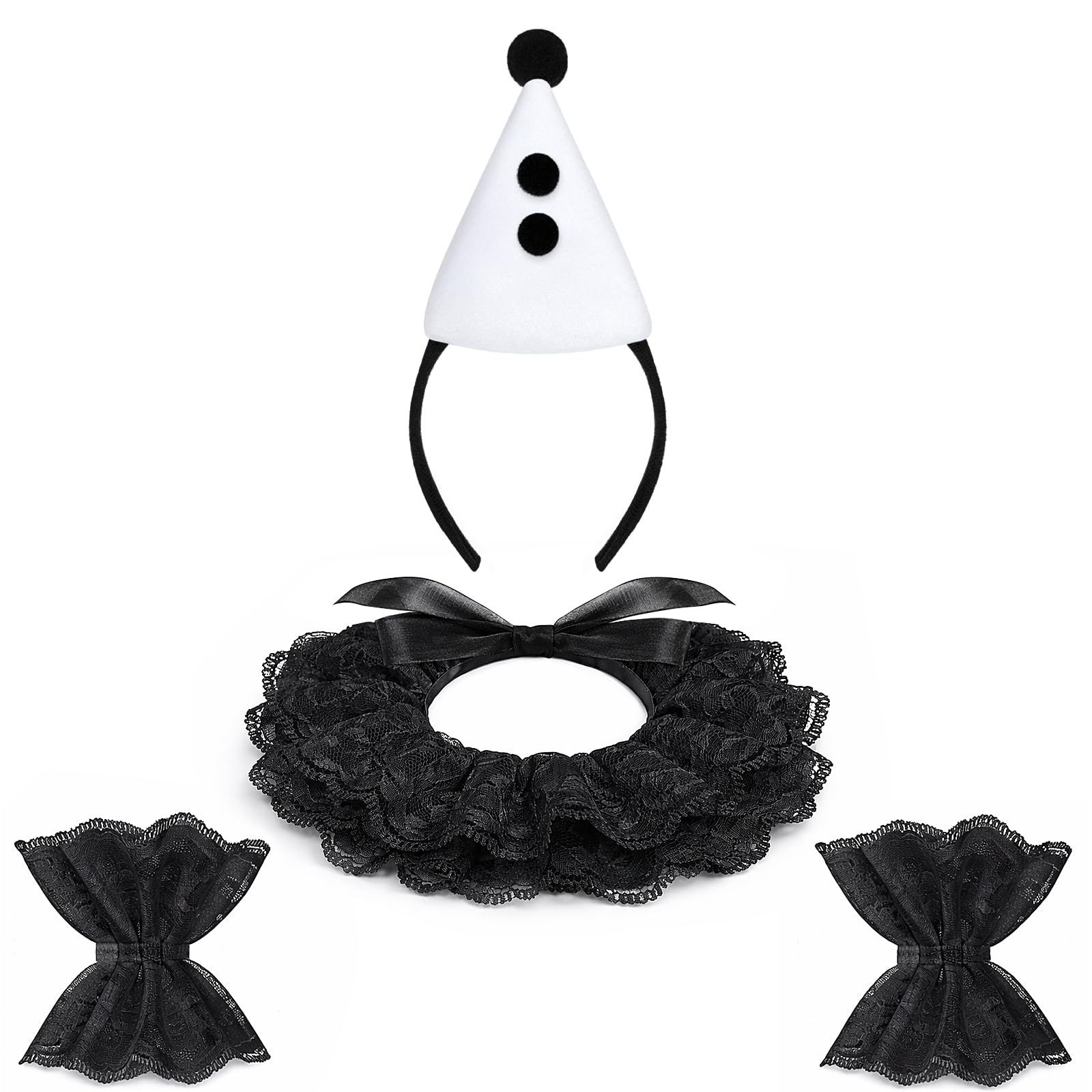Tanganan Clown Collar with Headband, Renaissance Victorian Ruffle Collar and Wrist Cuffs Set Layered Clown Choker Neck Collars Cuff for Halloween Fancy Dress Cosplay Costume (black) (white)