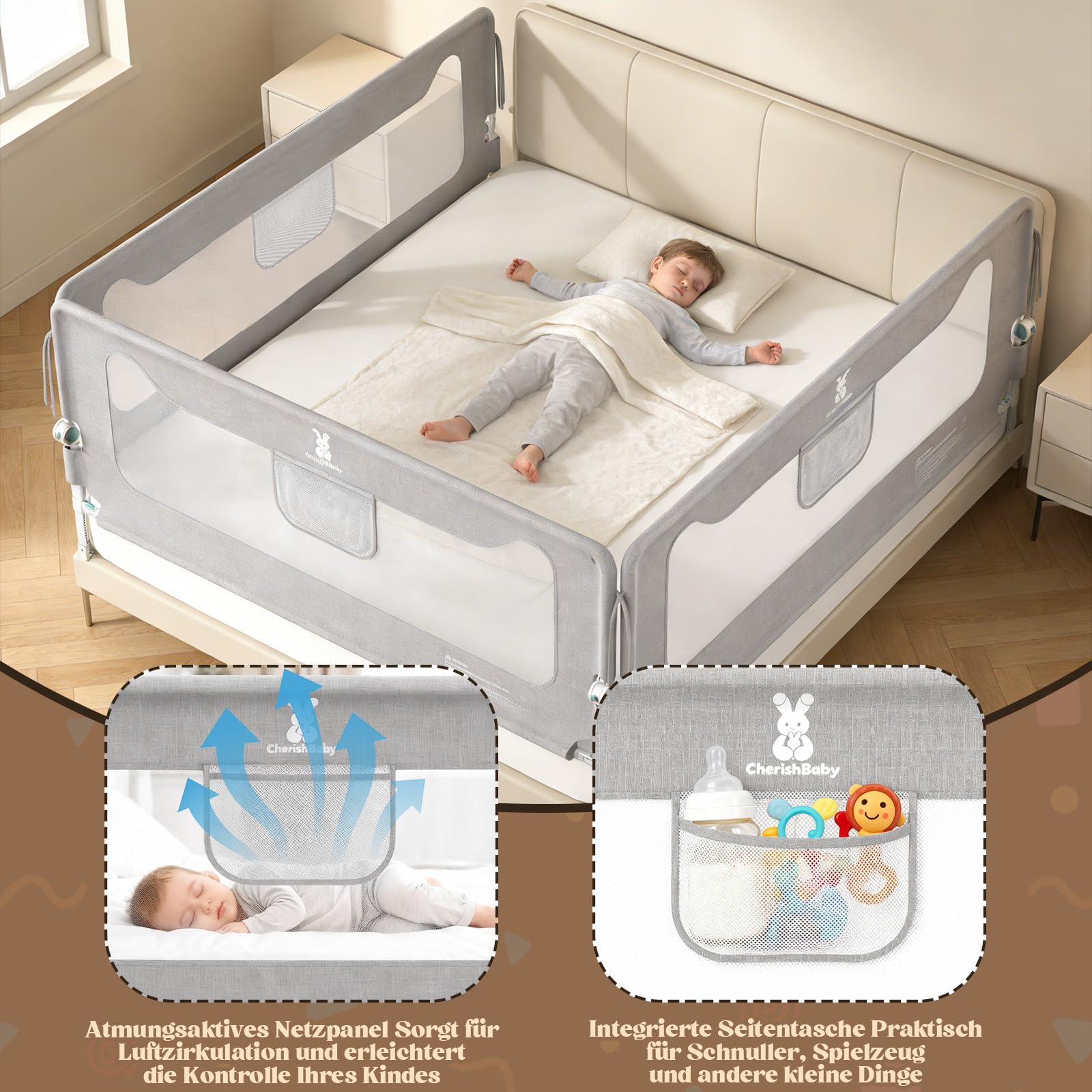 Protezione contro le cadute, letto a molle, 180 cm, griglia di protezione per il letto per neonati e bambini, protezione dalle cadute, pieghevole a 180°, regolabile in altezza, rete traspirante