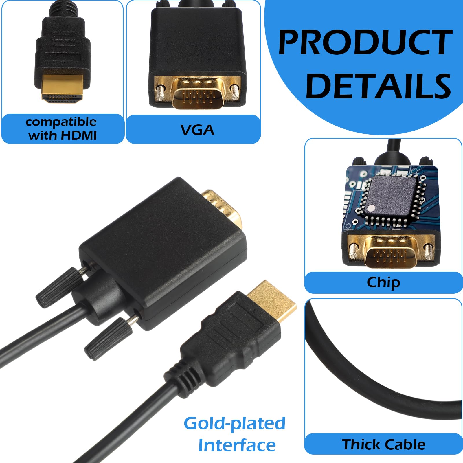 Confezione da 10 cavi da HDMI a VGA, da 3,5 m, unidirezionali (da maschio a maschio) placcati oro, adattatore da HDMI a VGA per monitor, computer, laptop, PC, HDTV proiettore
