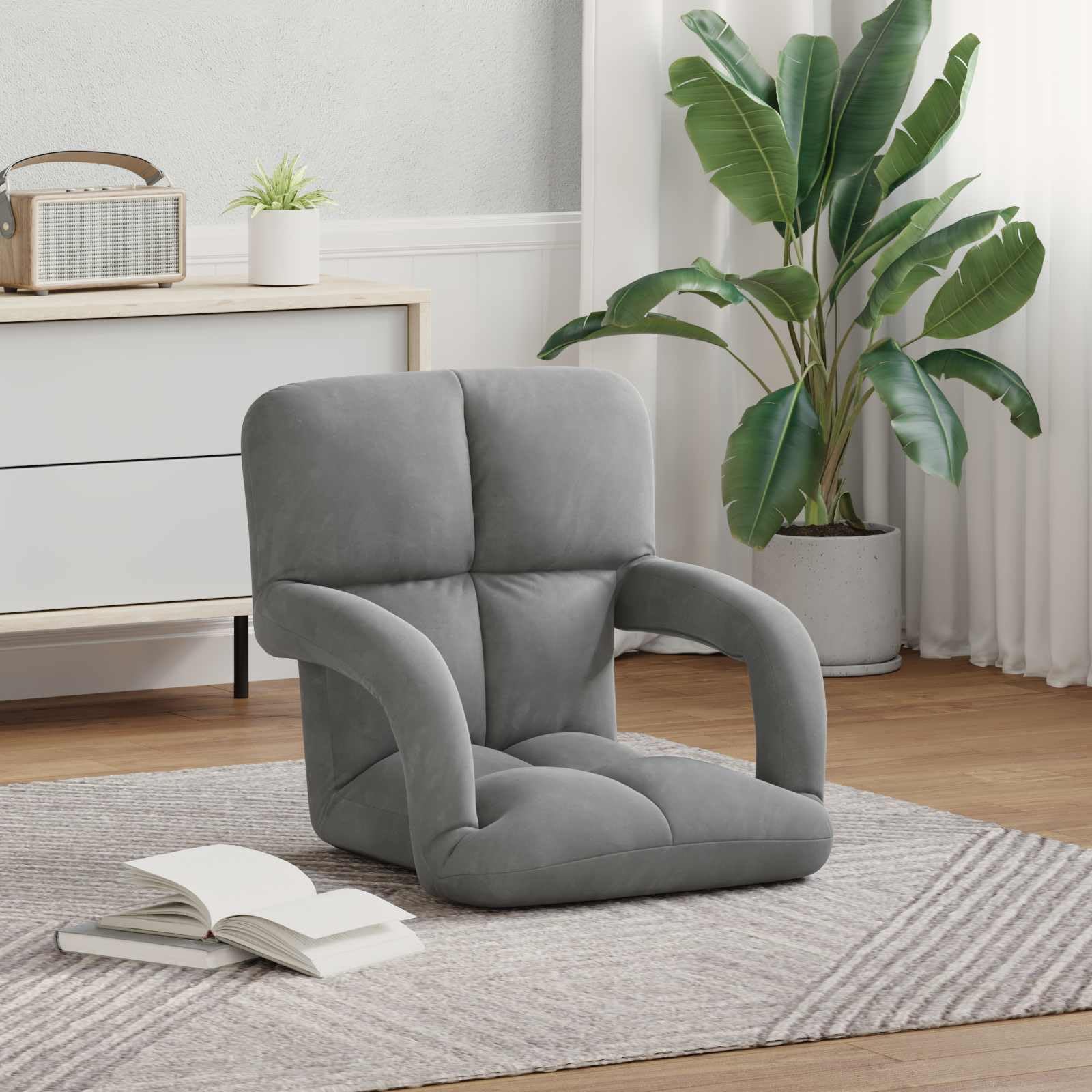 Krzesło podłogowe, ciemnoszare, aksamitne, z regulowanym oparciem, 58 x 62 x 58 cm, składane, wyściełane, ergonomiczne, z podłokietnikami, nie zajmuje dużo miejsca, do czytania, jogi, biura, gier