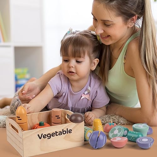 Miniatura 6 de Juego de 10 alimentos de madera vegetal para cocina de niños, juguetes de madera para cortar alimentos, accesorios de cocina con caja de