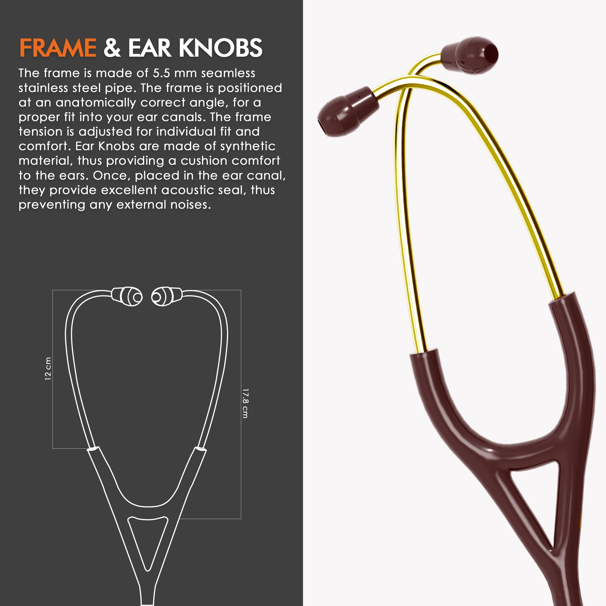 ELKO EL-250 DEXA III Ti Golden Edition Titanium dual head acoustic stethoscope | Adult & Pediatric Stethoscope with Double-sided Natural Titanium Chestpiece | Two-Way PVC Tubing | Doctors & Medical Students (Brown) - Image 6 thumbnail