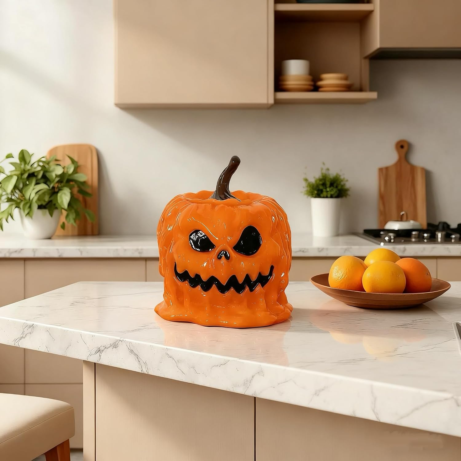 Bowl with Lid - Melting Pumpkin & Skull Dual-Design Resin Snack Holder - Durable Trick-or-Treat Tray Decor