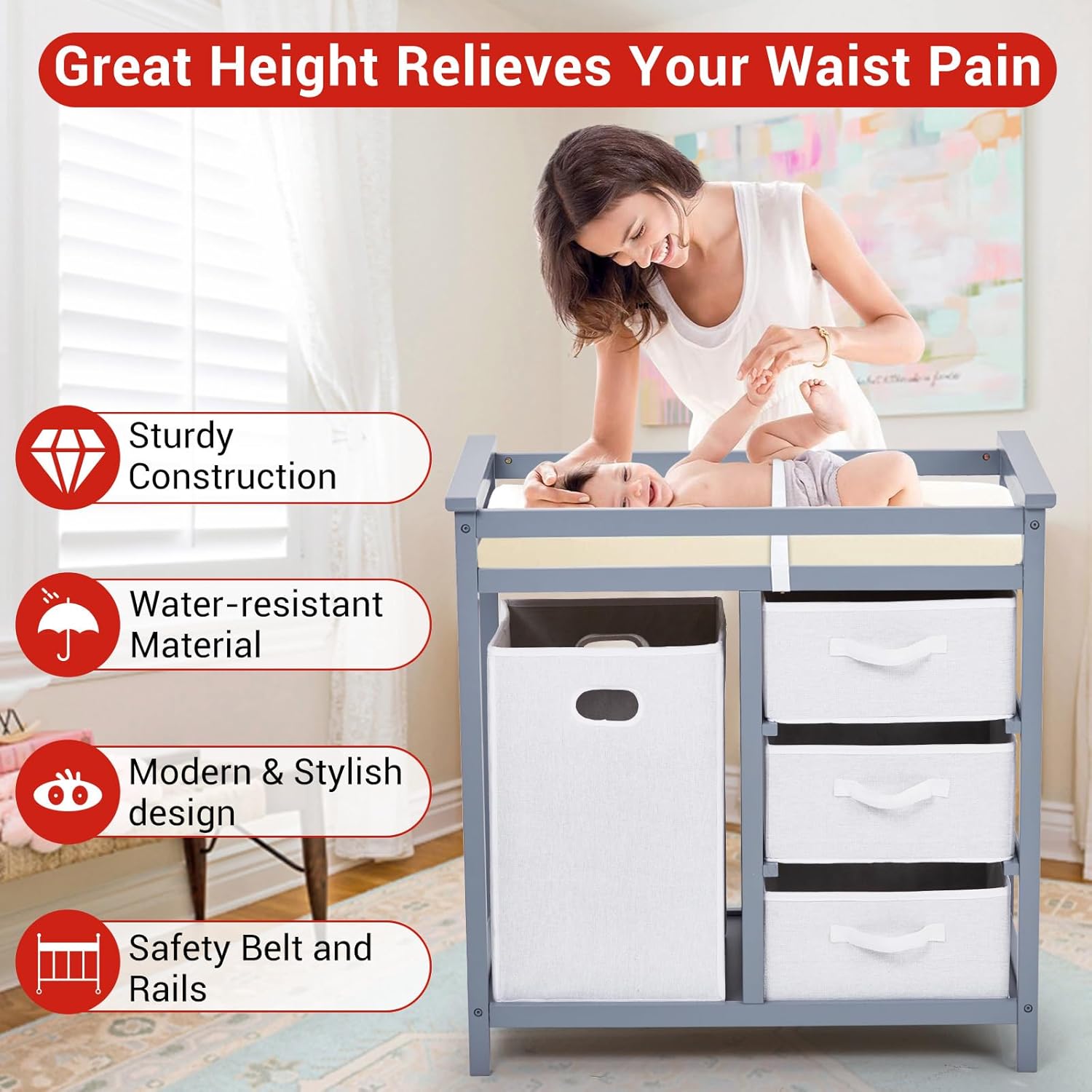 GarveeLife Wooden Baby Changing Table, Modern Diaper Changing Table, Infant Diaper Changing Station Dresser with Laundry Hamper, 3 Drawer Basket and Changing Pad