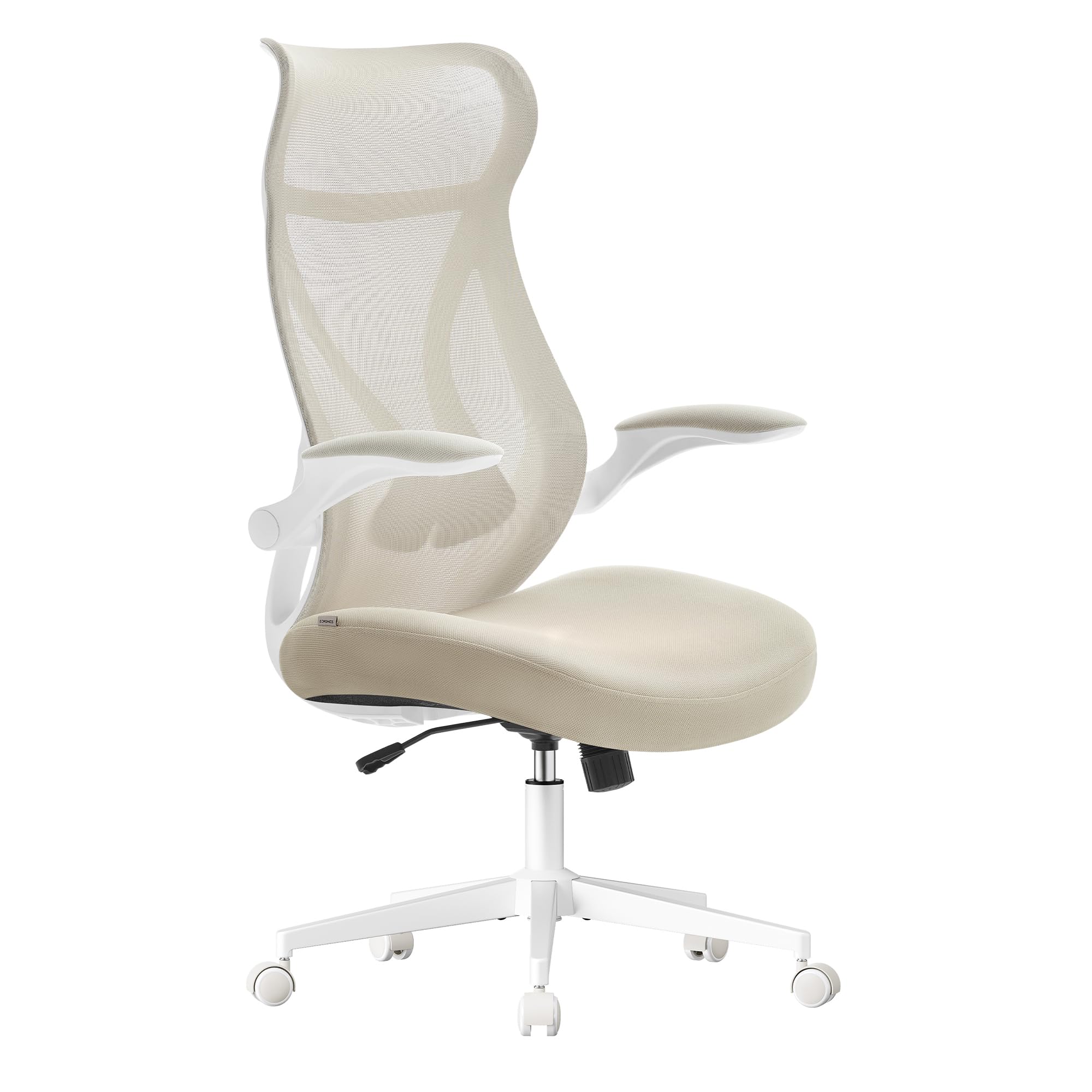 SONGMICS Bürostuhl, Schreibtischstuhl, ergonomische Rückenlehne, höhenverstellbar, hochklappbare Armlehnen, Drehstuhl mit Kopfstütze, bis 150 kg belastbar, cappuccinobeige OBN088K01
