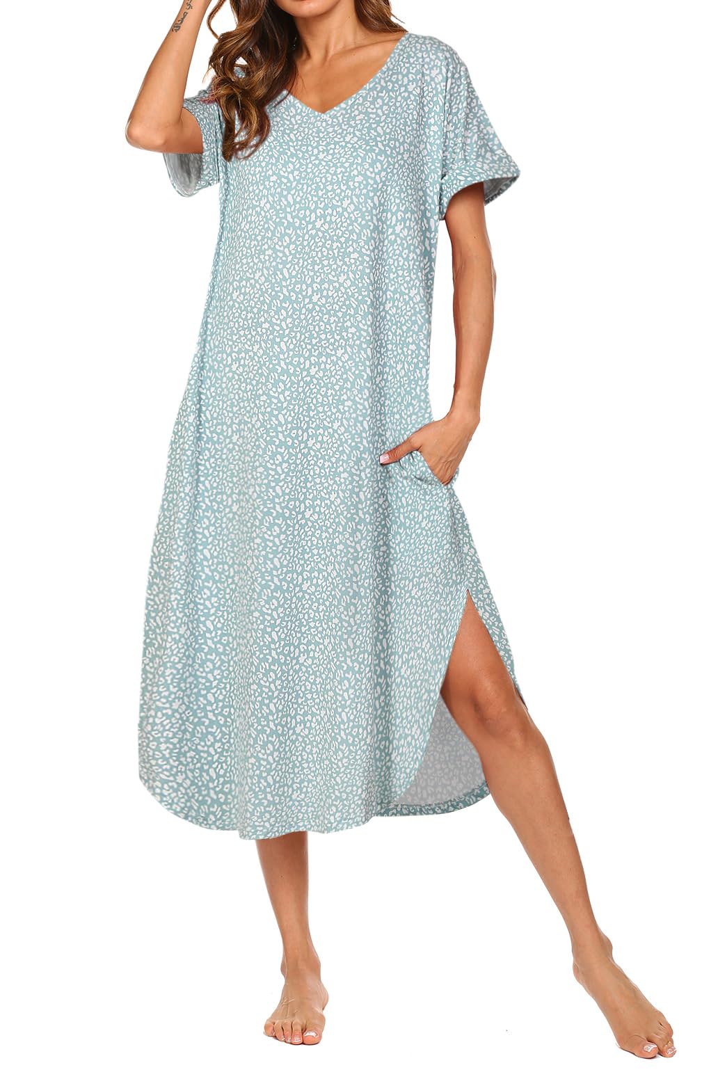 AVIIER Cotton Nightgowns for Women Short Sleeve House Dress Long Night Gown with Pockets S-XXL