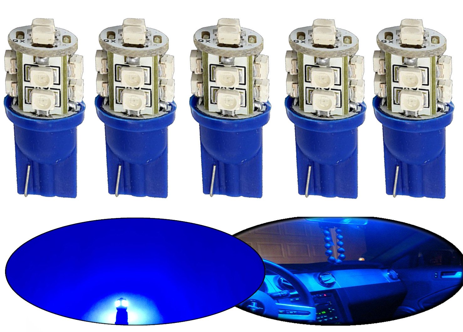 Modit T10 10-SMD LED Wedge Bulbs W5W 194 168 2825, Replacement For Signal Lights, Trunk Lights, Dashboard Lights, Parking Lights, Blue (5 Pieces)