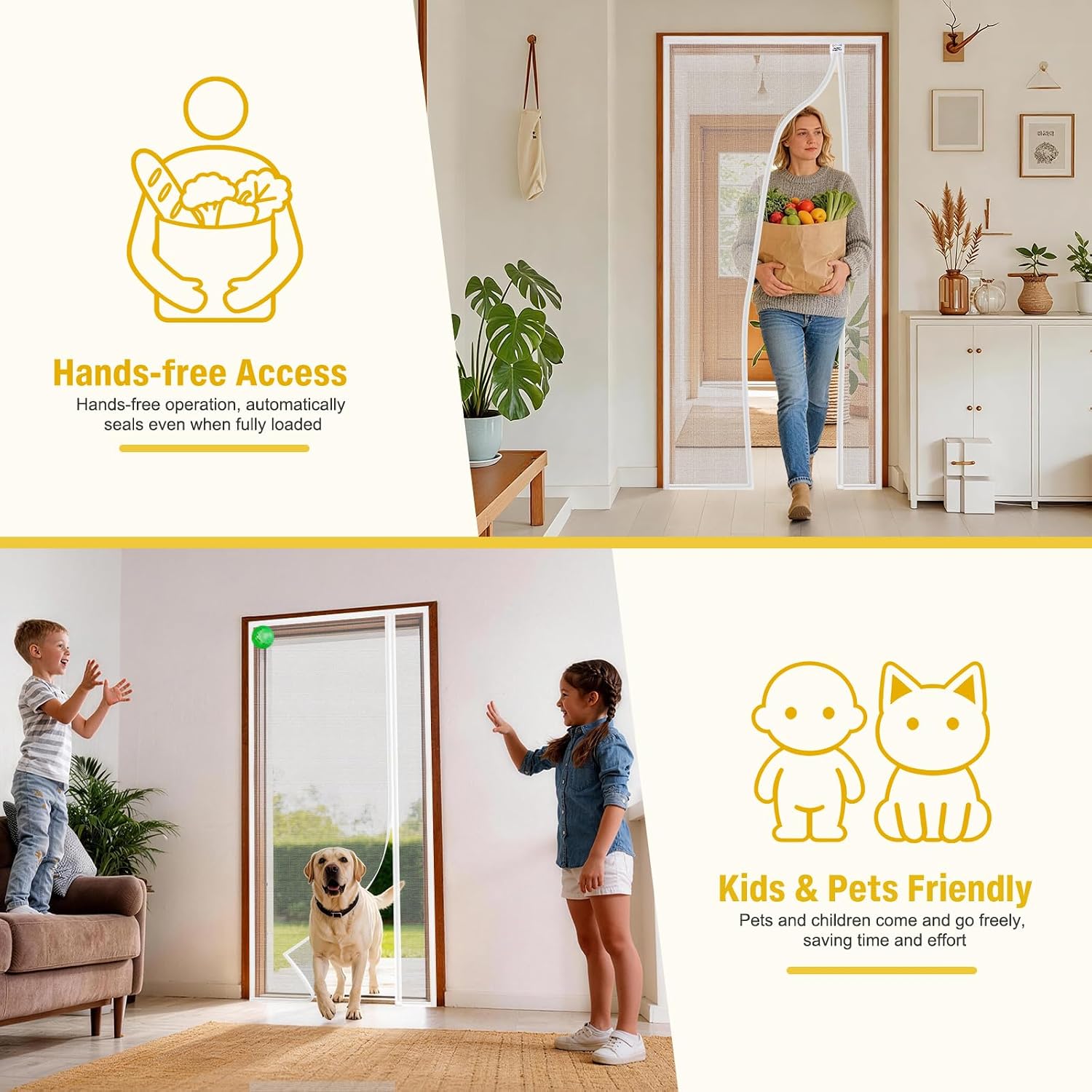 CHIYUNS White Reversible Left Right Side Opening Screen Door, Mesh Magnetic Closure Heavy Duty, Fits 36 x 80 Door, Self Closing Fiberglass Bug Net with Magnet for Front, Sliding Doors, Pet Friendly