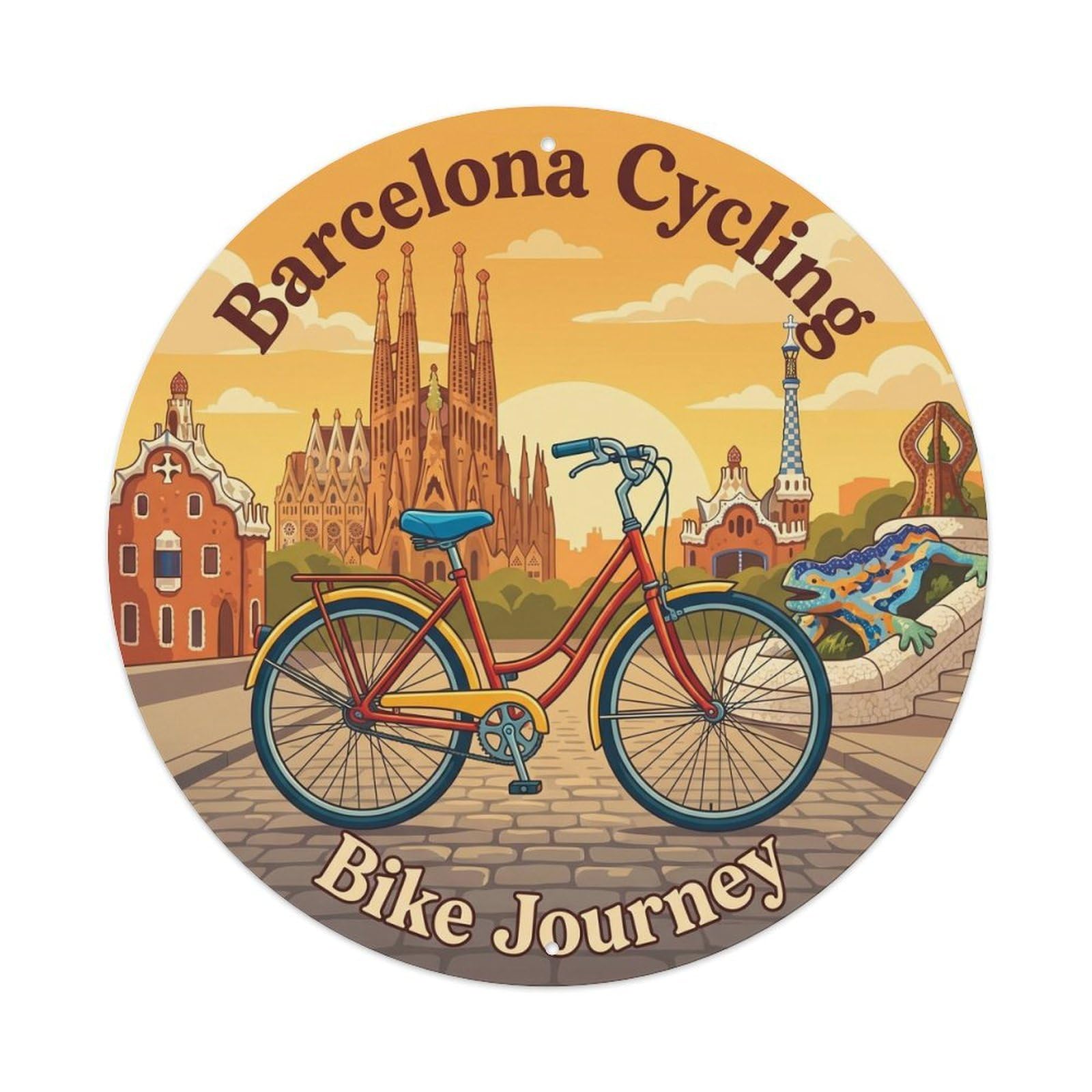 Vintage Travel Barcelona Bicycle Spanish Journey Metal Tin Sign Plaque Wall Decor for Cafe, Club, Garden Round Metal Poster 8x8Inch