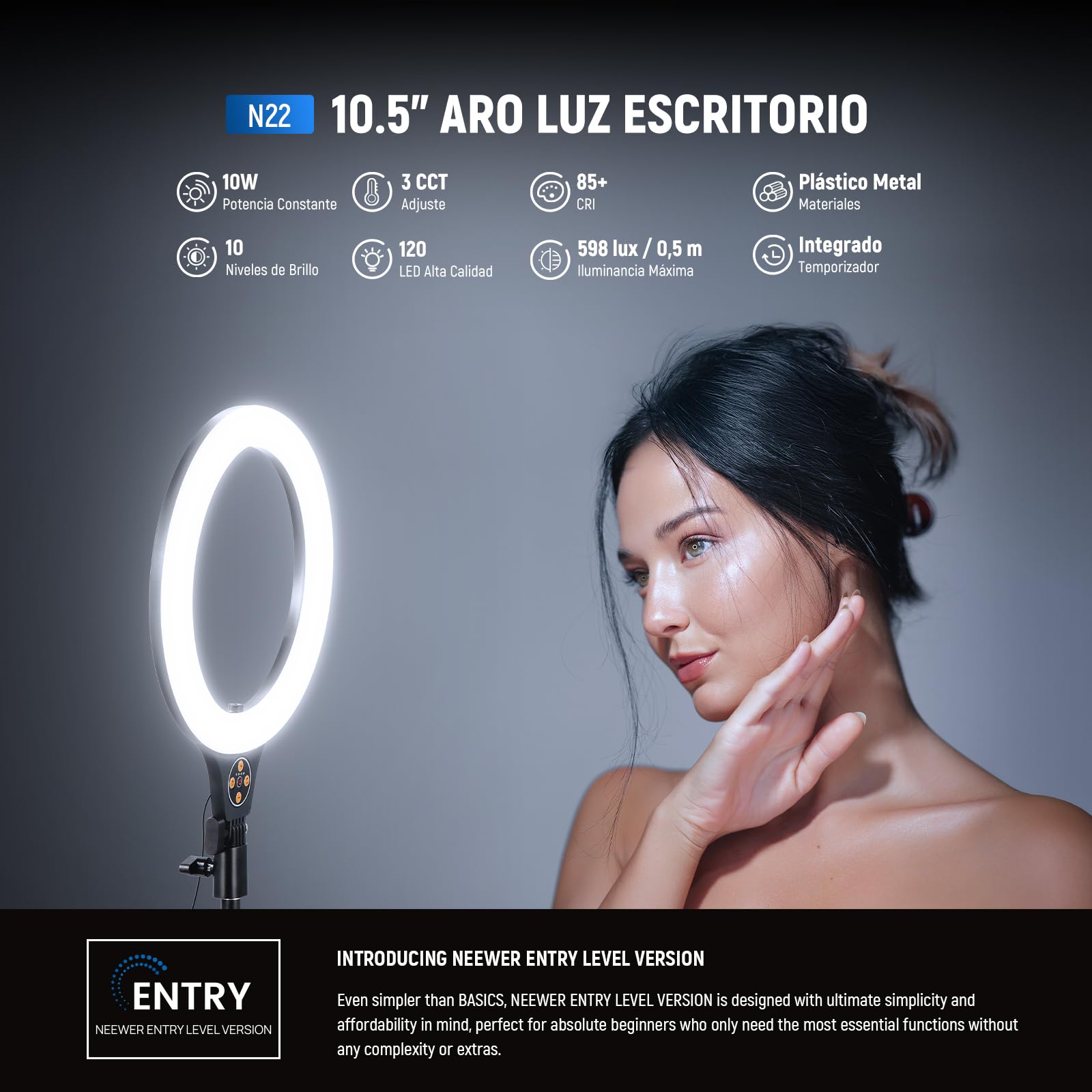 NEEWER Entry Level Version 10.5" Aro Luz Escritorio con Soporte/Soporte Móvil Compatible con iPhone/Remoto,10W LED Iluminación para Streaming Grabación Maquillaje Selfie Videoconferencia Portátil,N22