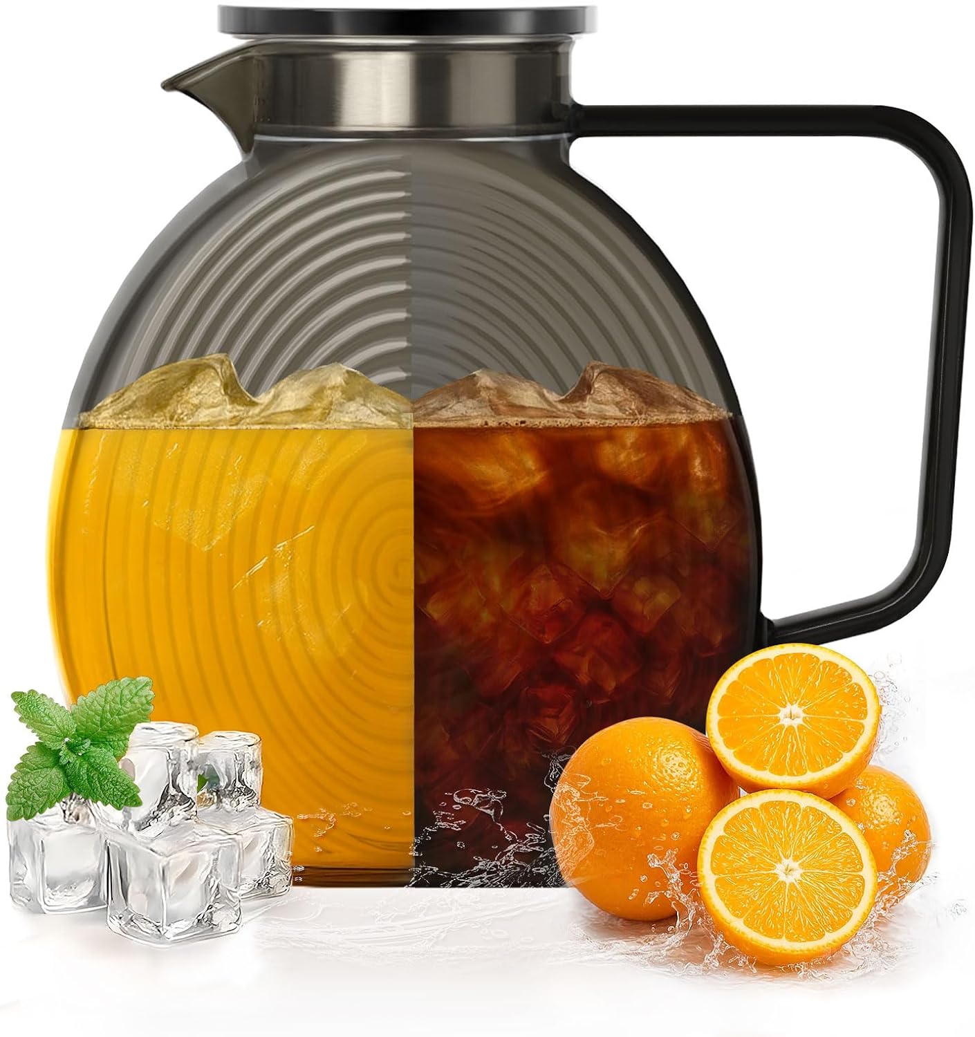 Glass Pitcher With Lid, 2.3 Liter 78 oz Glass Water Pitchers, 0.6 Gallon Glass Pitcher With handle and Lids for Fridge, Carafe Jug Jar For Hot/Cold Water Tea Iced Juice Coffee Milk Beverage 77.8 Ounces